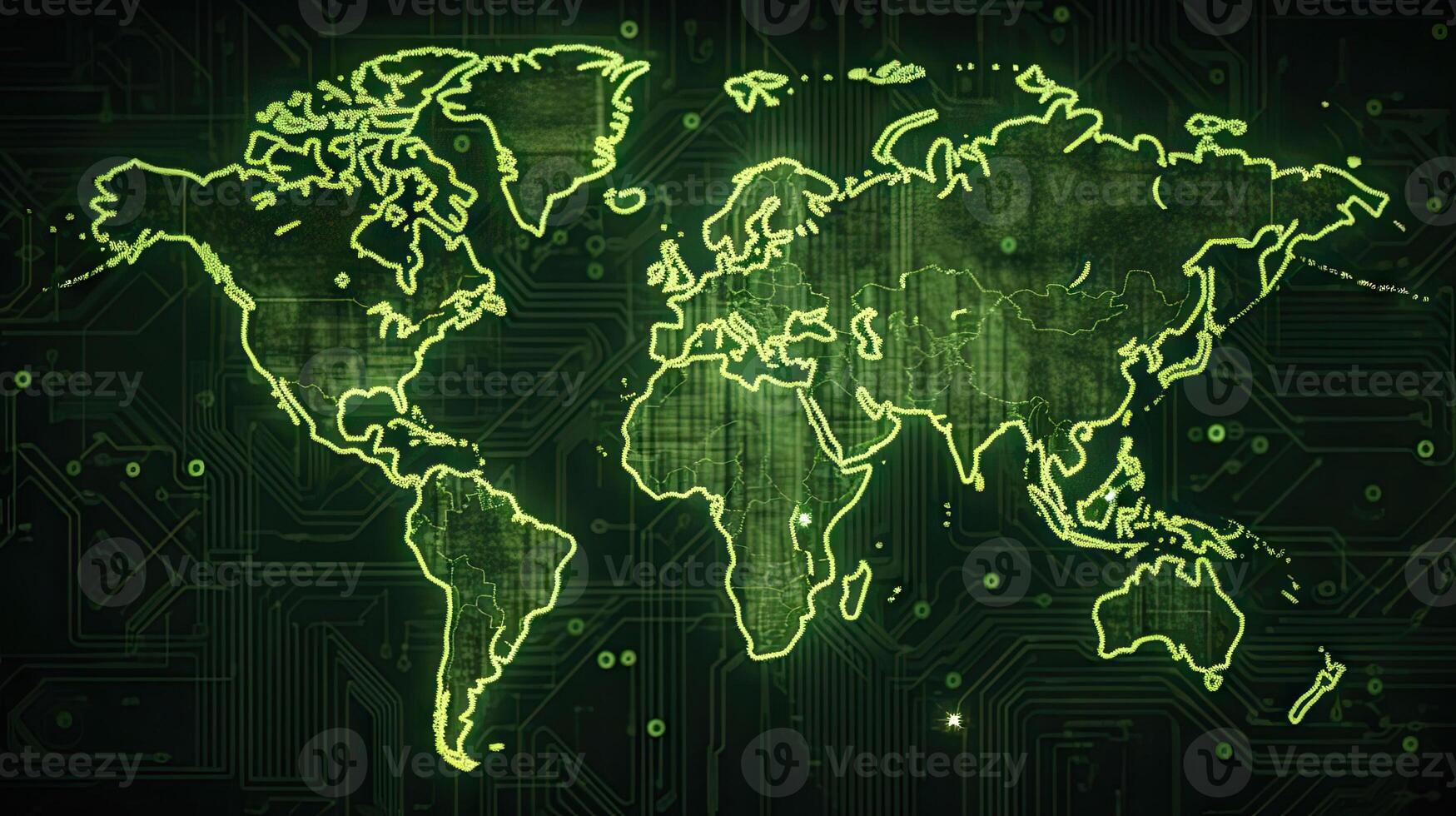 World map green pcb texture background. Generative AI. photo