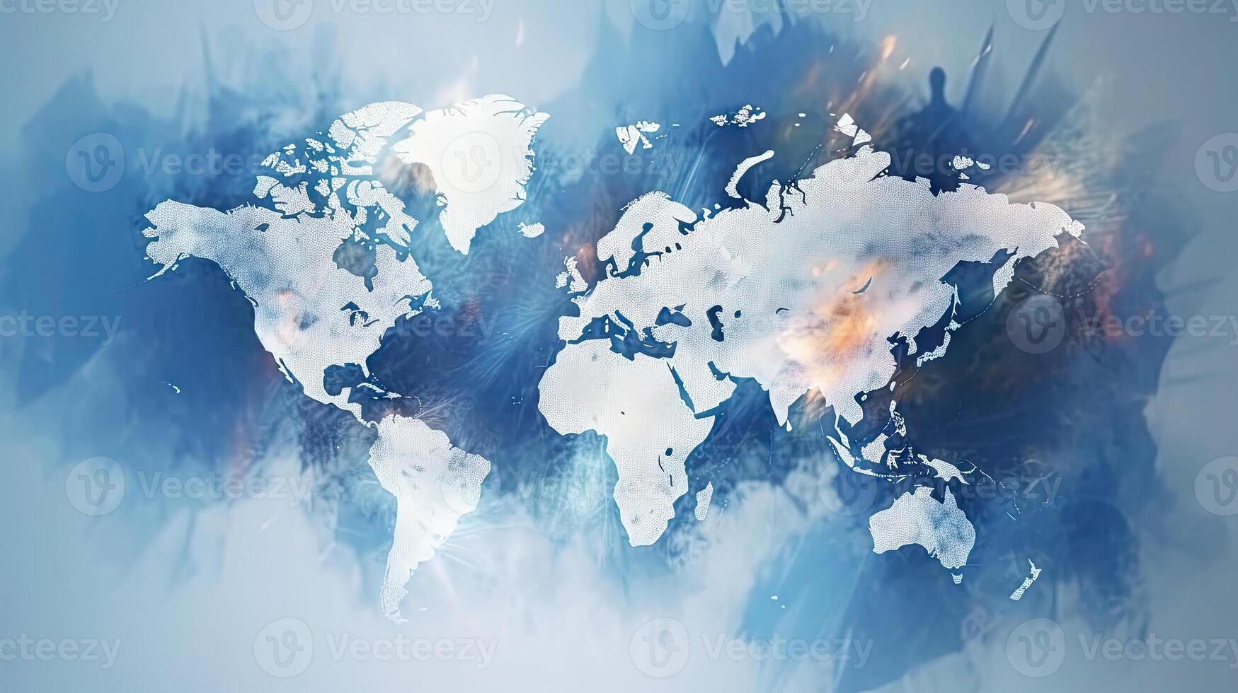 World map double exposure ice blue background. . photo