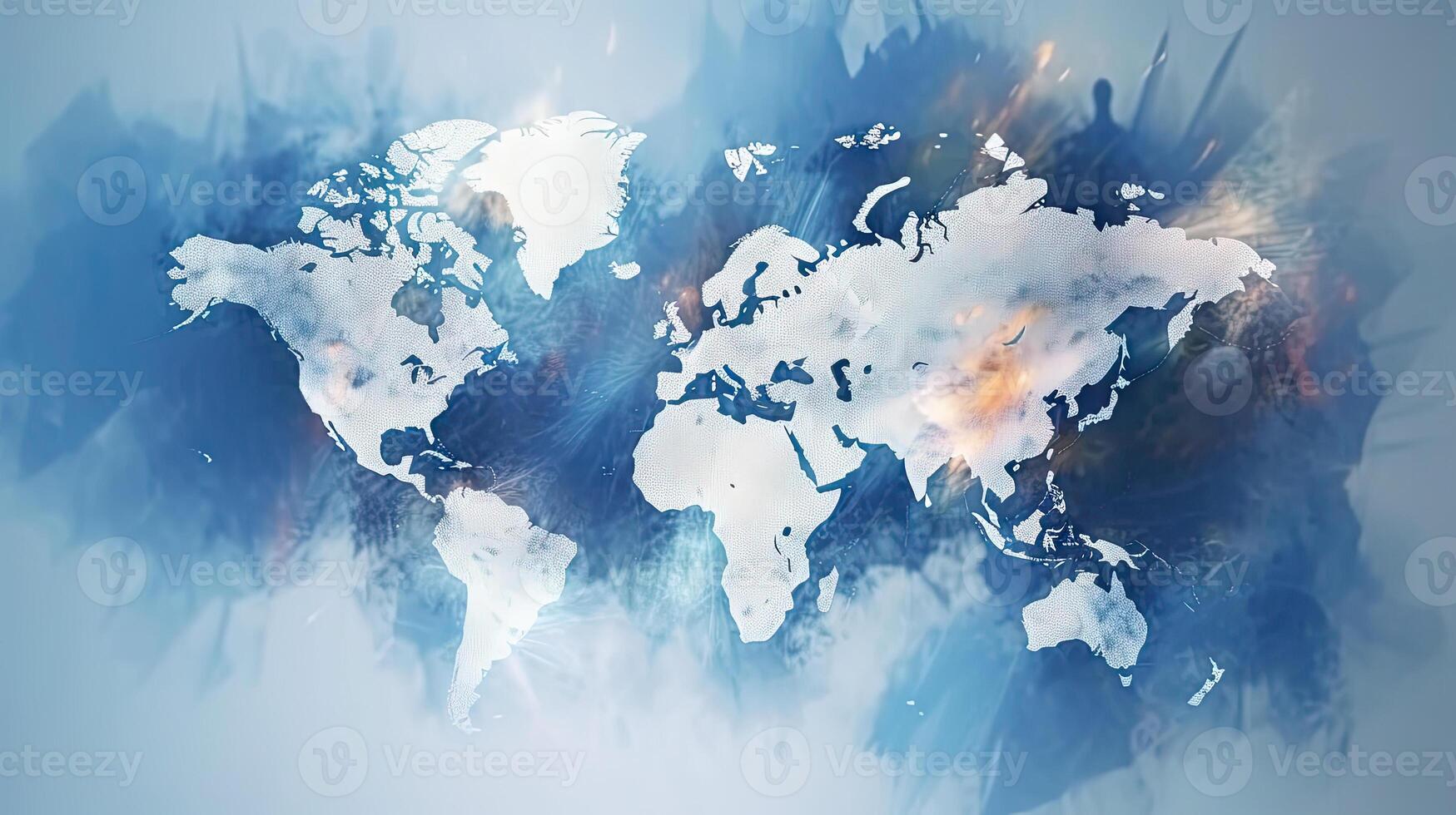 World map double exposure ice blue background. Generative AI. photo