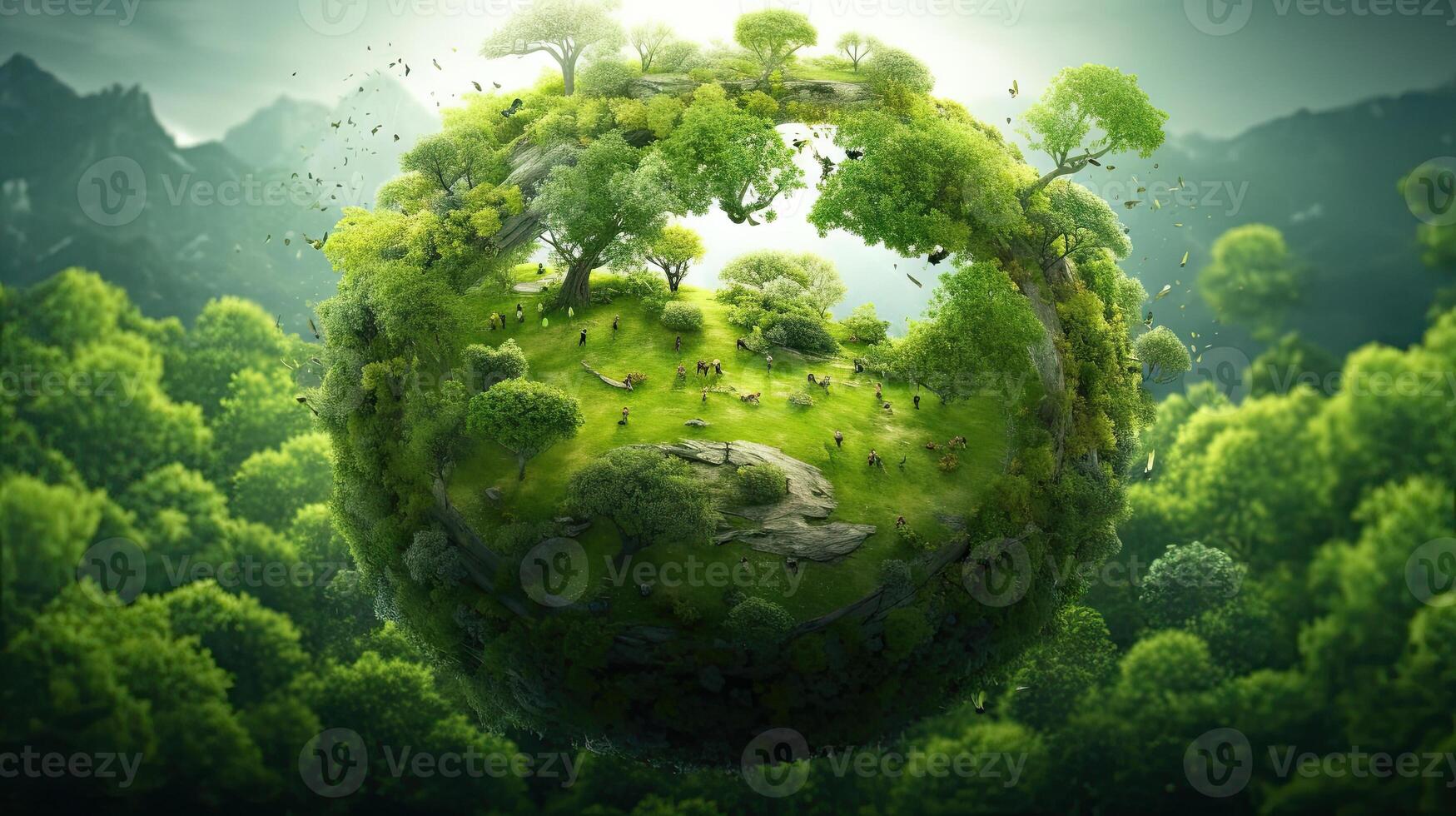 World map green planet world map trees background. Generative AI. photo