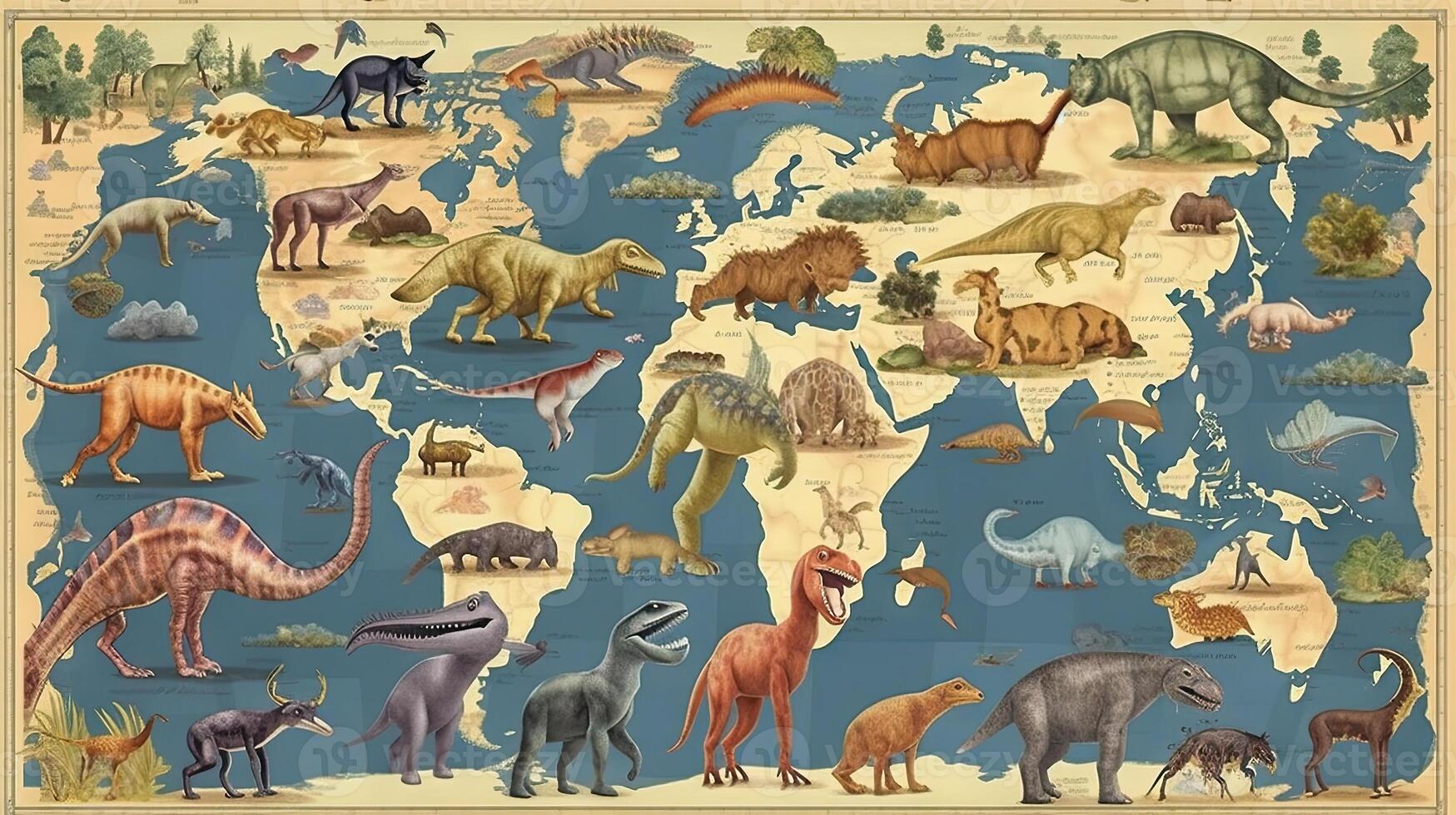 World map dinosaur age background. . photo