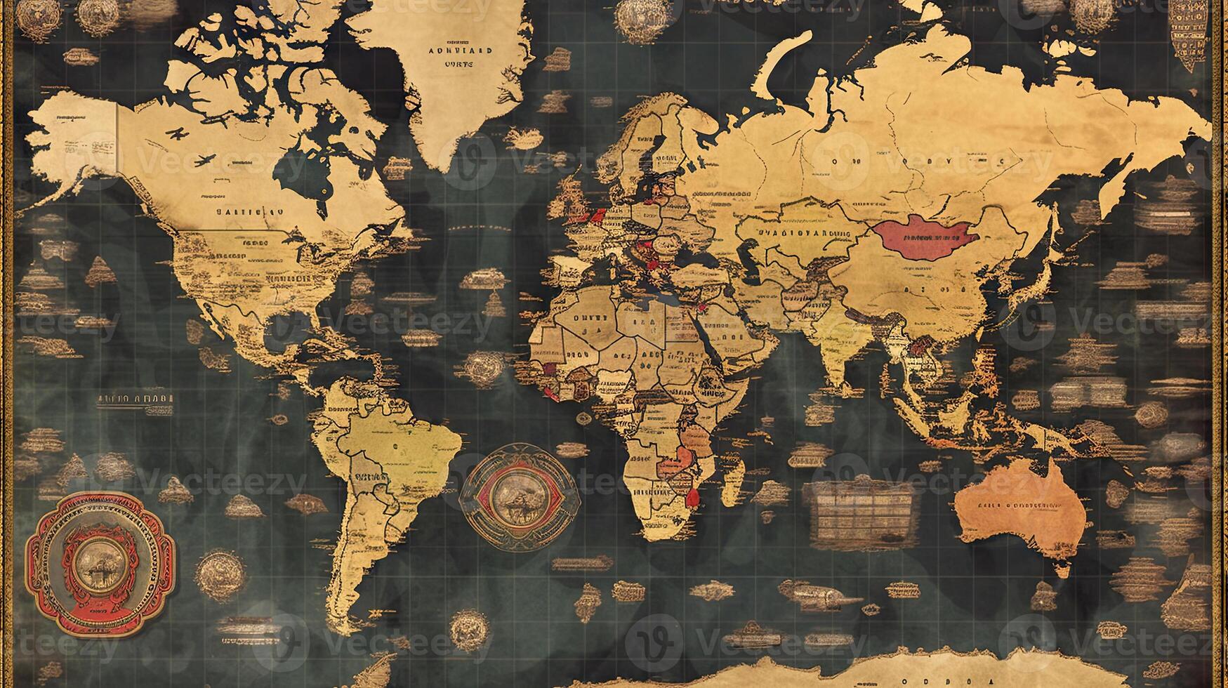 World map old vintage background. Generative AI. photo