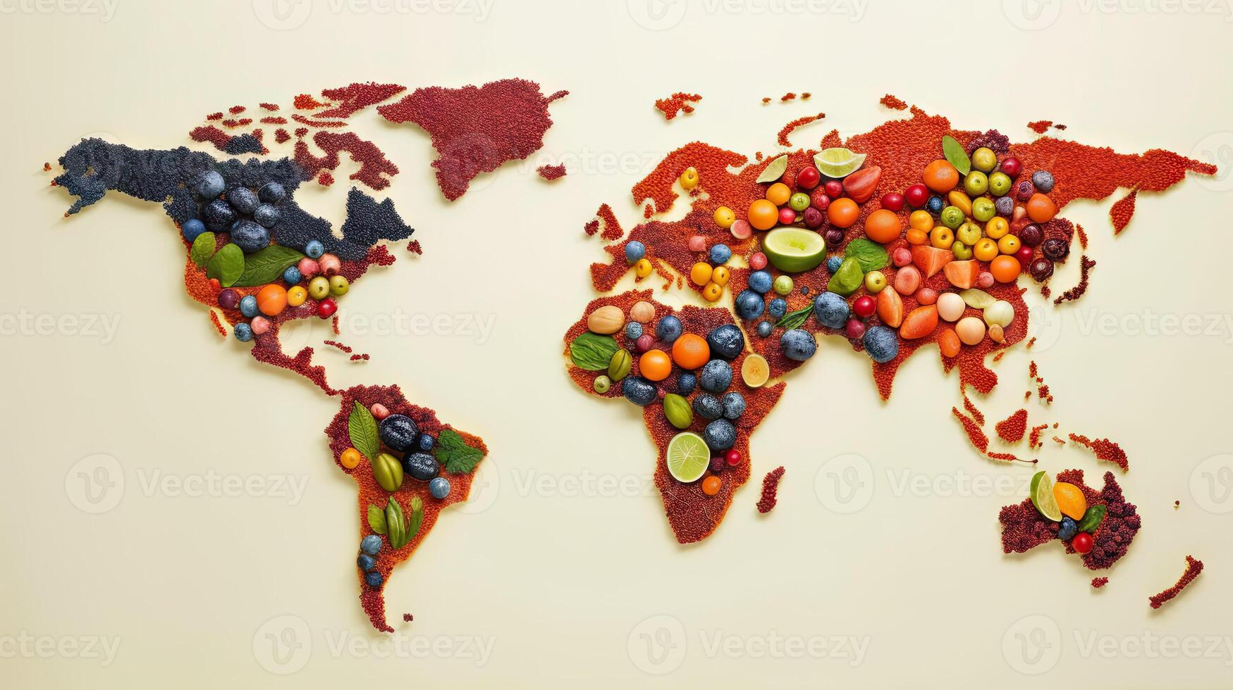 World map in fruits background. . photo
