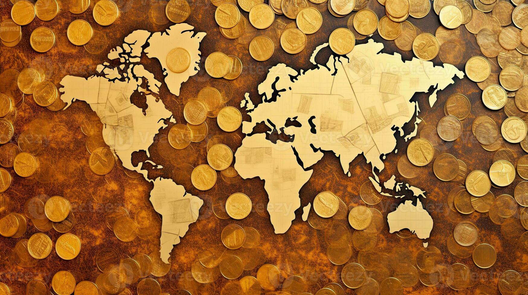 World map coins money background. Generative AI. photo