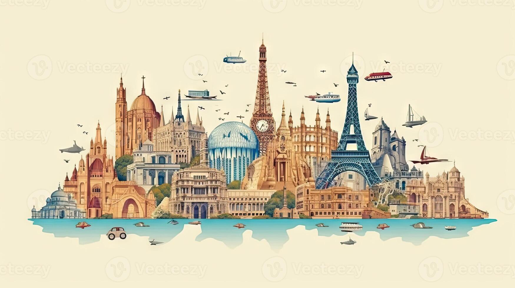 World map travel monuments background. . photo
