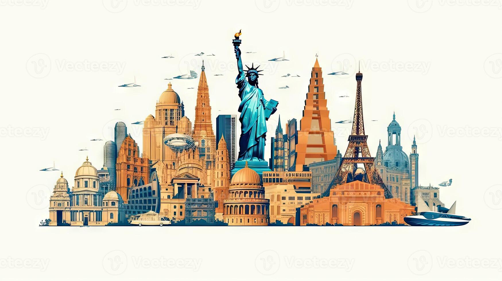 World map travel monuments background. . photo