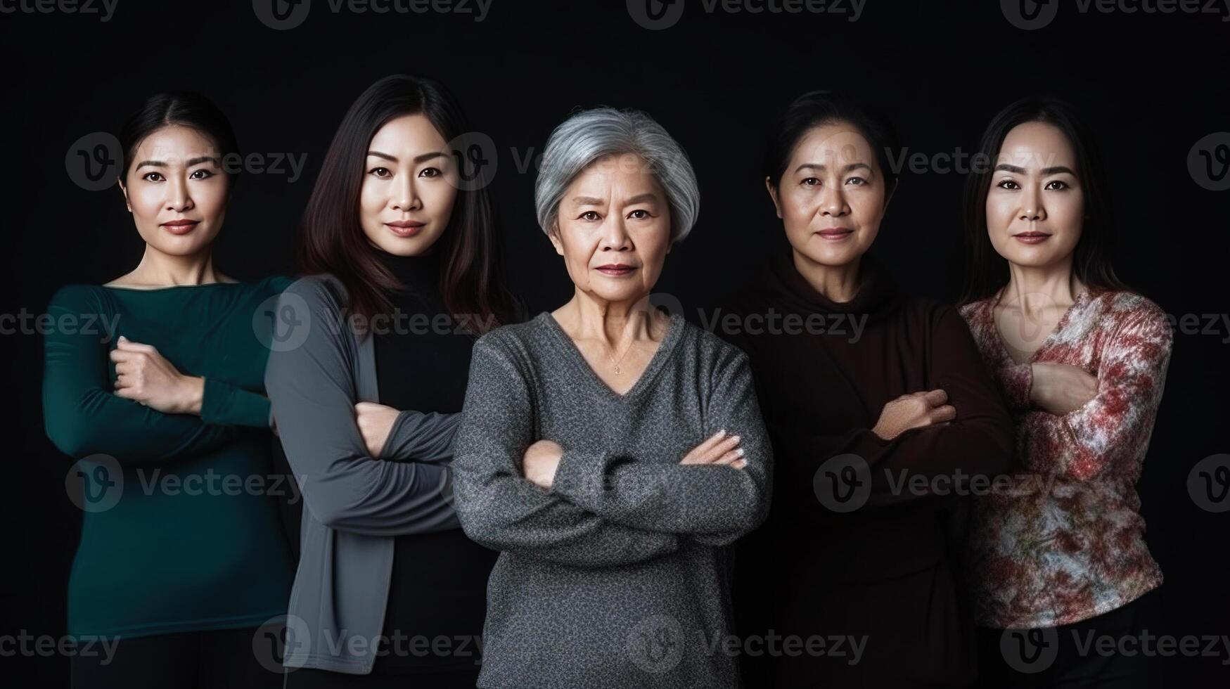 Group of mature asian women standing with arms crossed isolated on black background. . photo