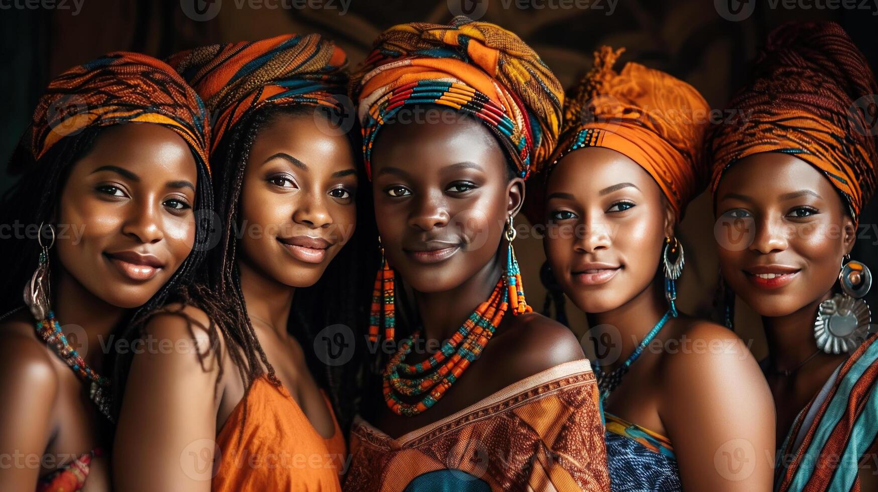 Group of beautiful african in traditional clothes posing in Africa. Generative AI. photo