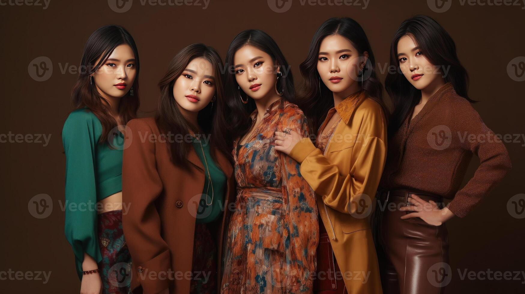 Group of asian women in fashion clothes on brown background, studio shot. . photo