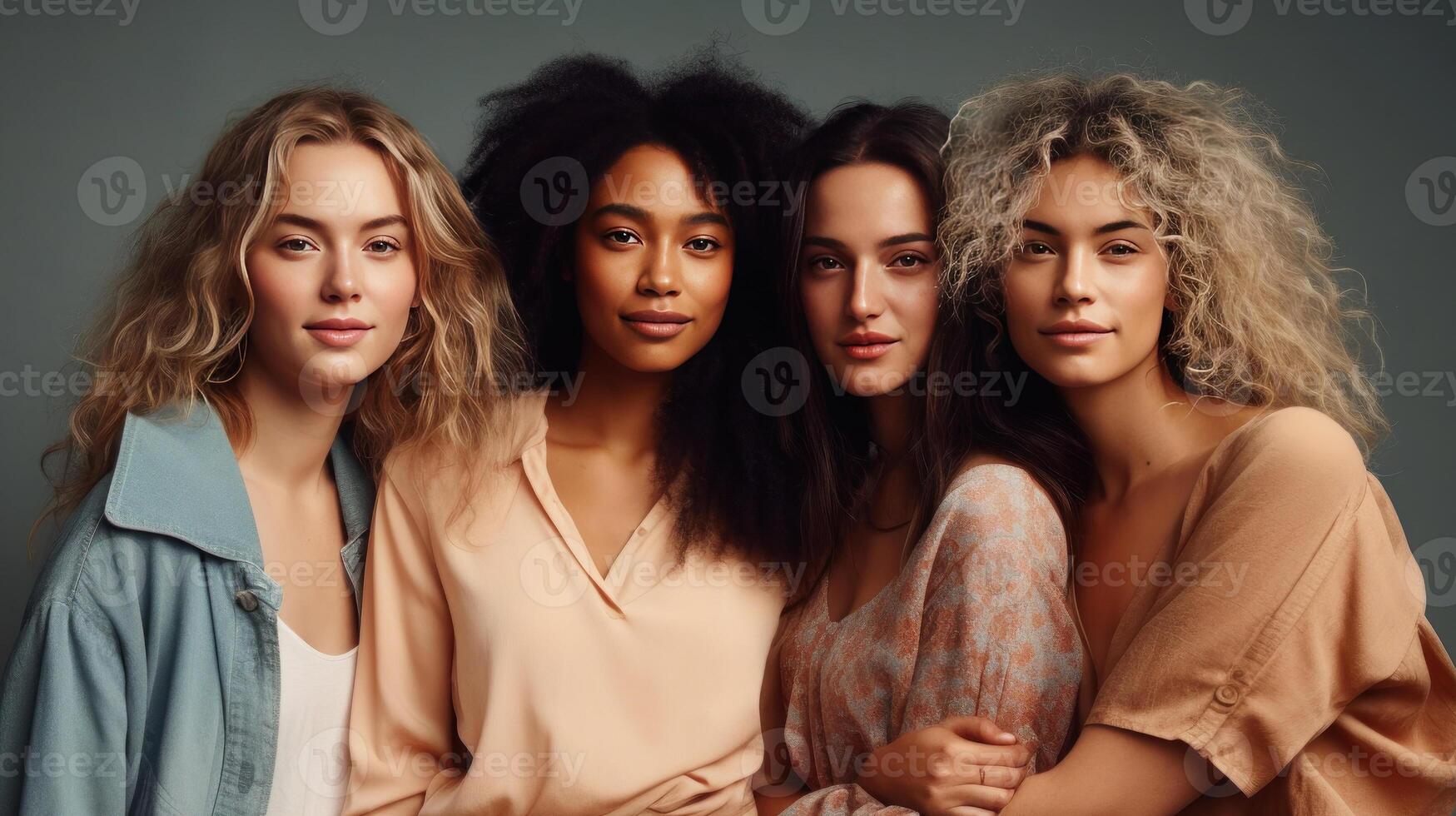 Group of multiethnic women with different skin color posing together in studio. . photo