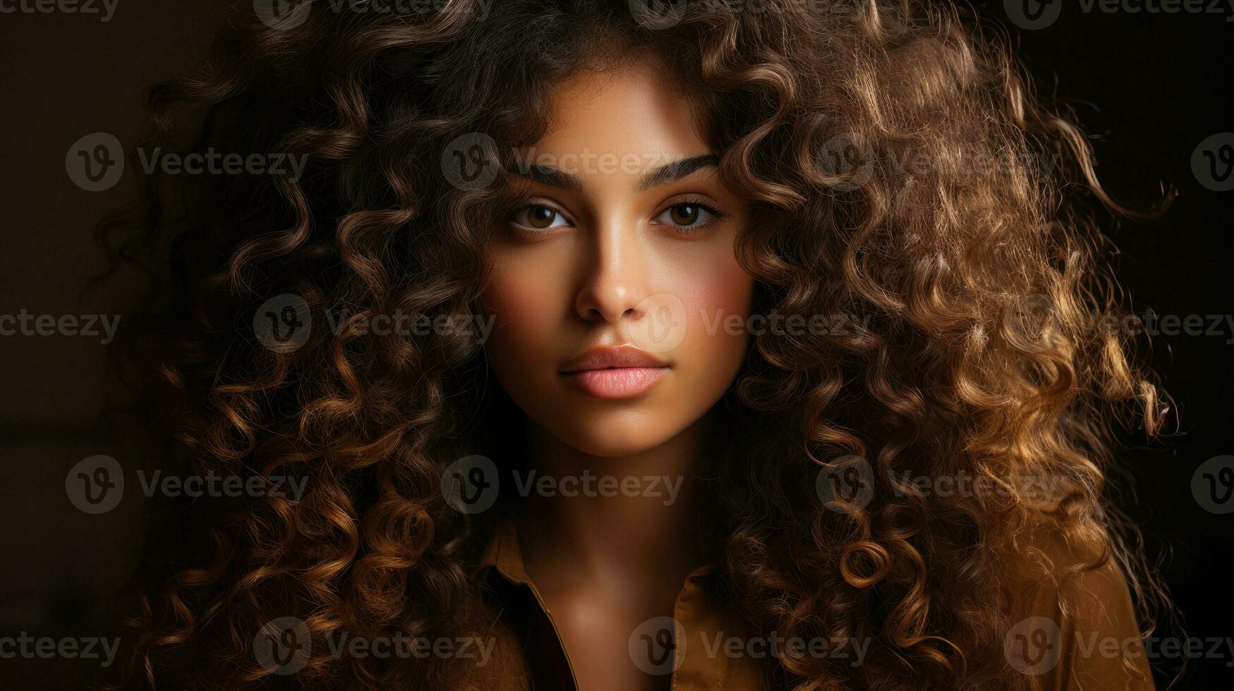 Portrait of a beautiful young woman with afro curly hair. Generative AI. photo
