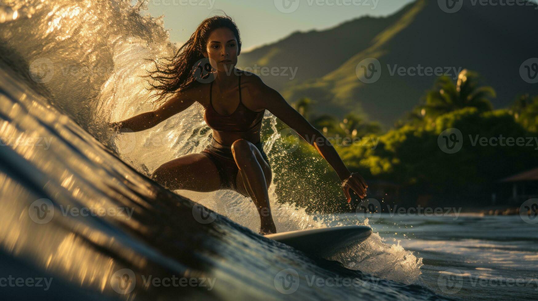 increíble tablista niña montando un ola en el Oceano en a puesta de sol. generativo ai. foto