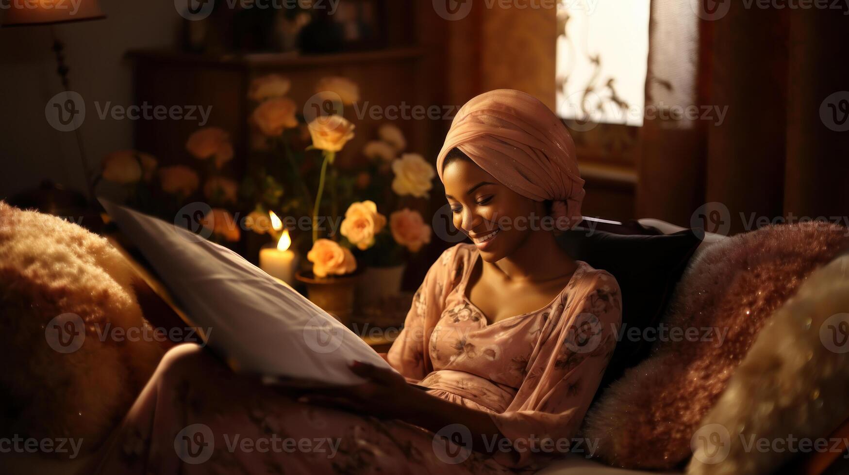 Beautiful african american girl in turban reading book at home. Generative AI. photo