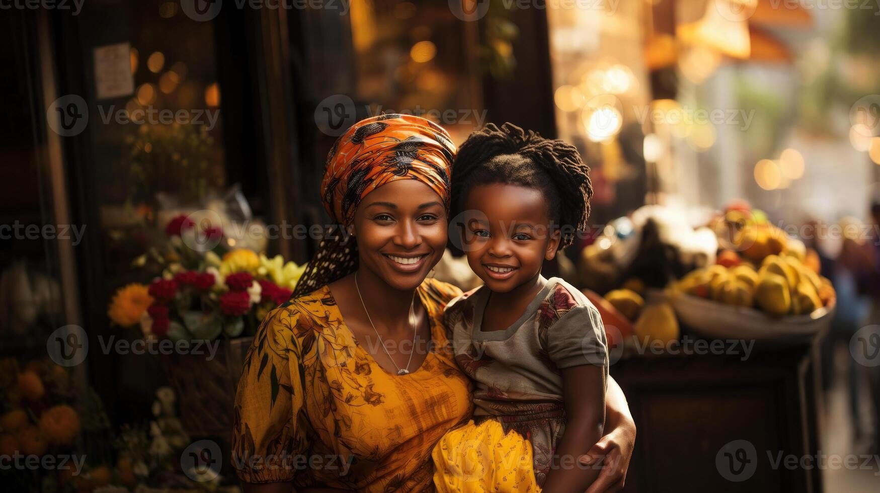Portrait of african mother and daughter smiling at the camera in the street. . photo
