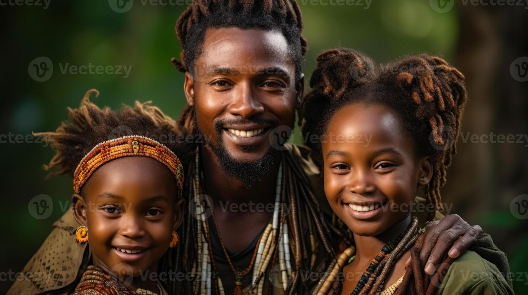 Portrait of a happy African father with kids standing in the park and smiling. . photo