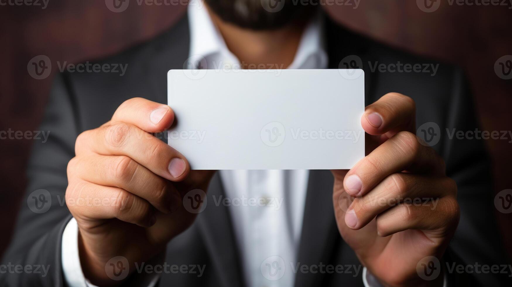 Businessman holding a blank business card, close-up, selective focus. Generative AI. photo