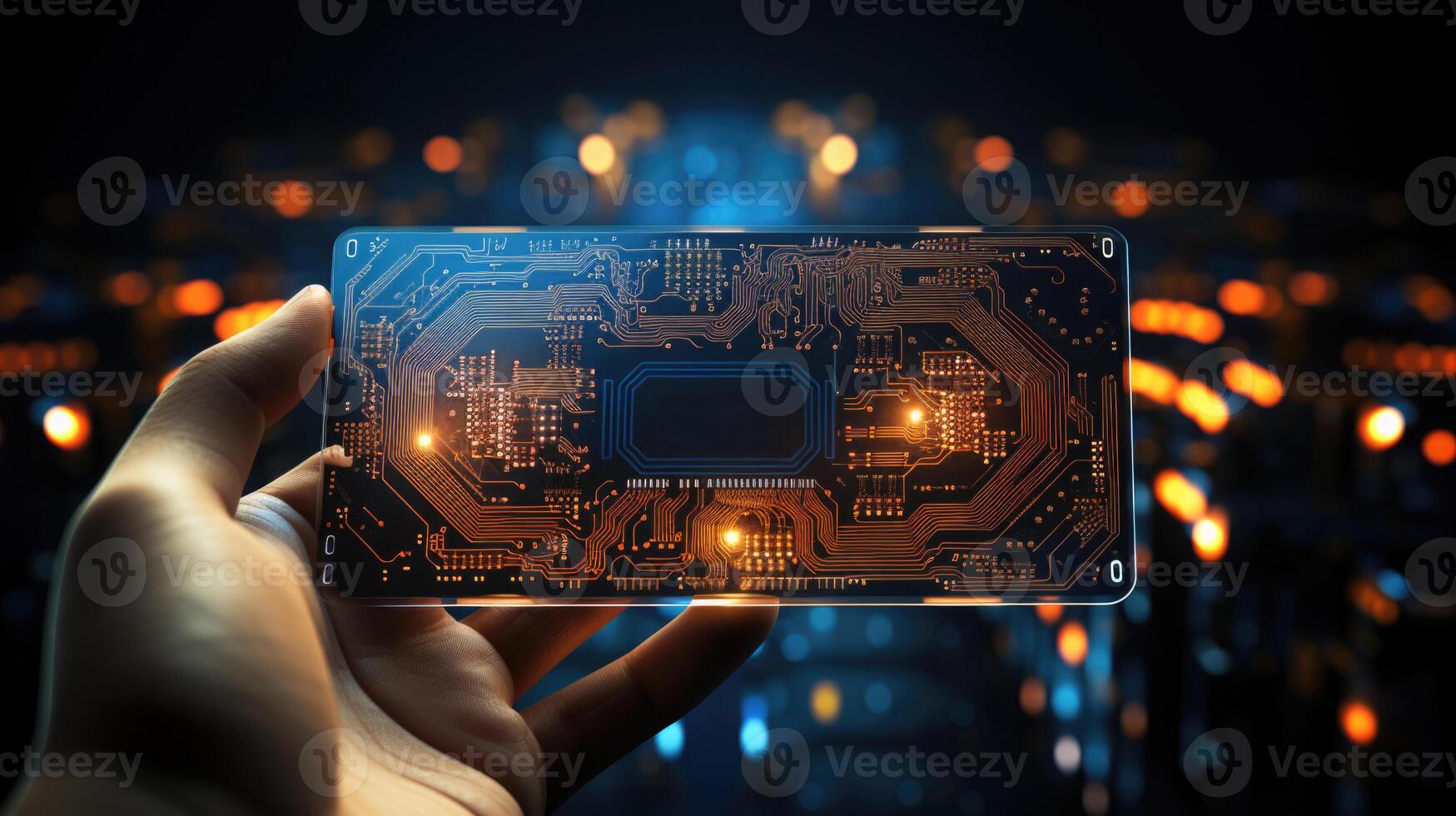 Businessman hand holding smartphone with circuit board on dark background. Mixed media. . photo