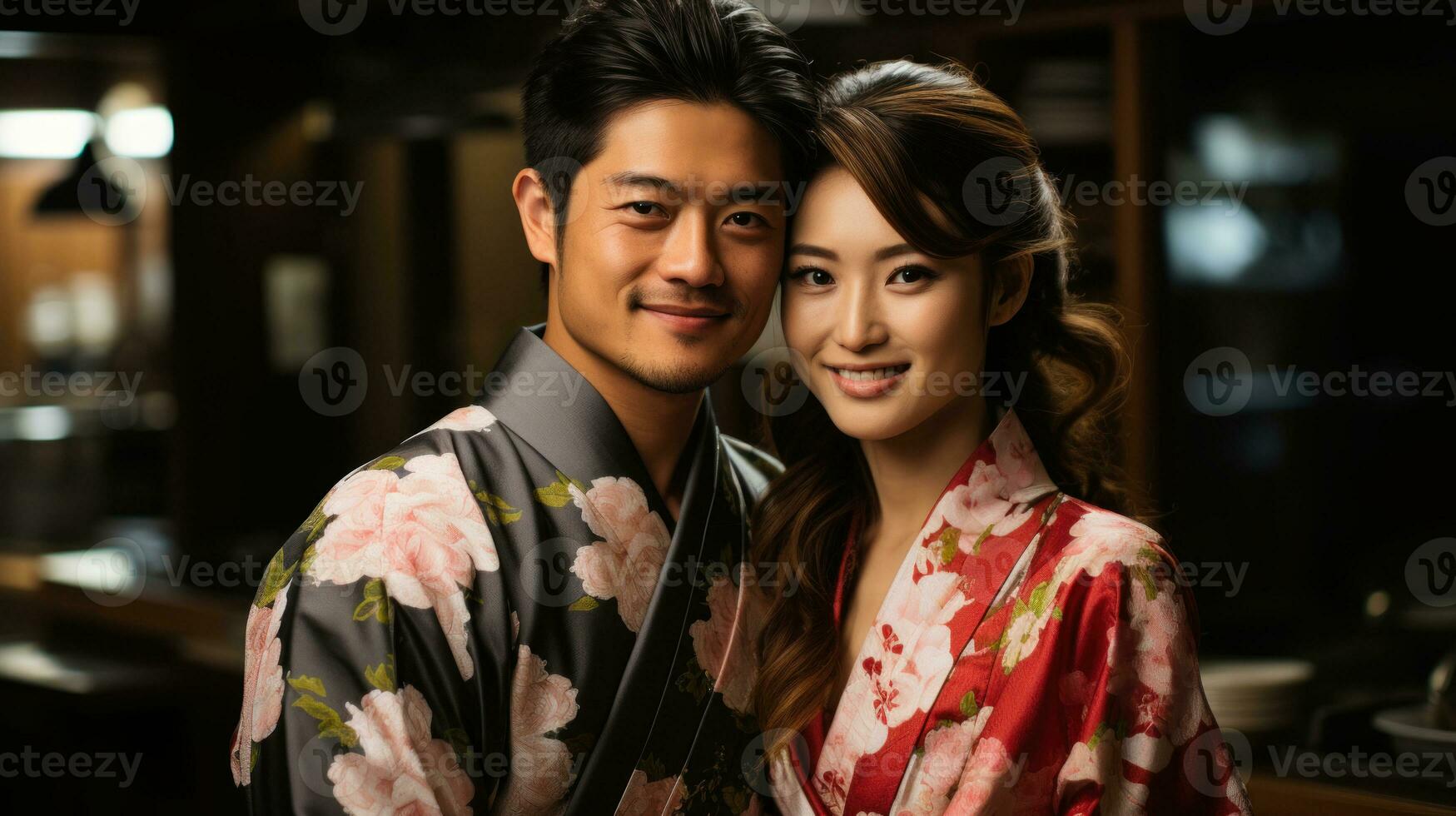 Portrait of young asian couple in kimono indoor. Generative AI. photo