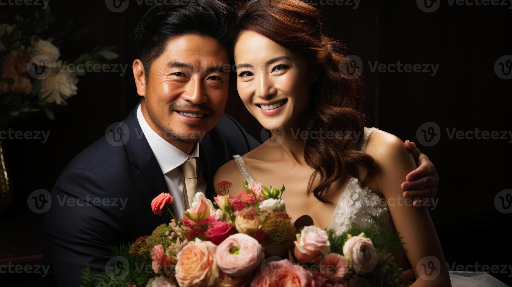 Portrait of a happy asian bride and groom posing with flowers in their wedding day. . photo