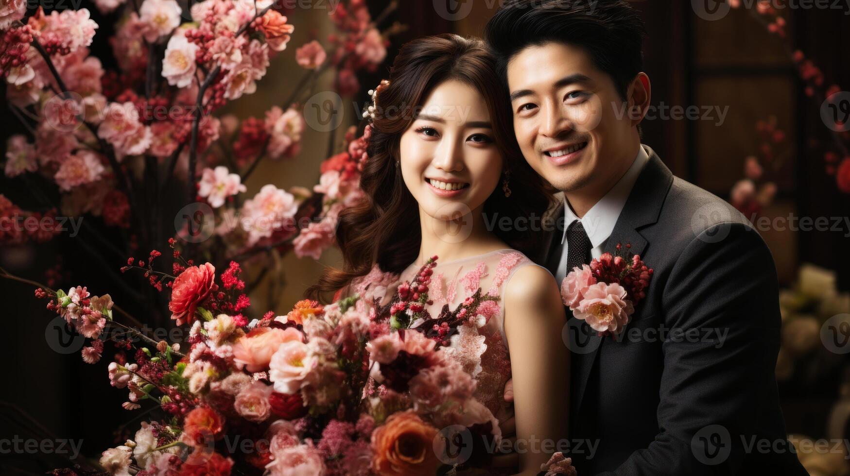 Portrait of asian happy newlywed couple with bouquet of flowers. . photo