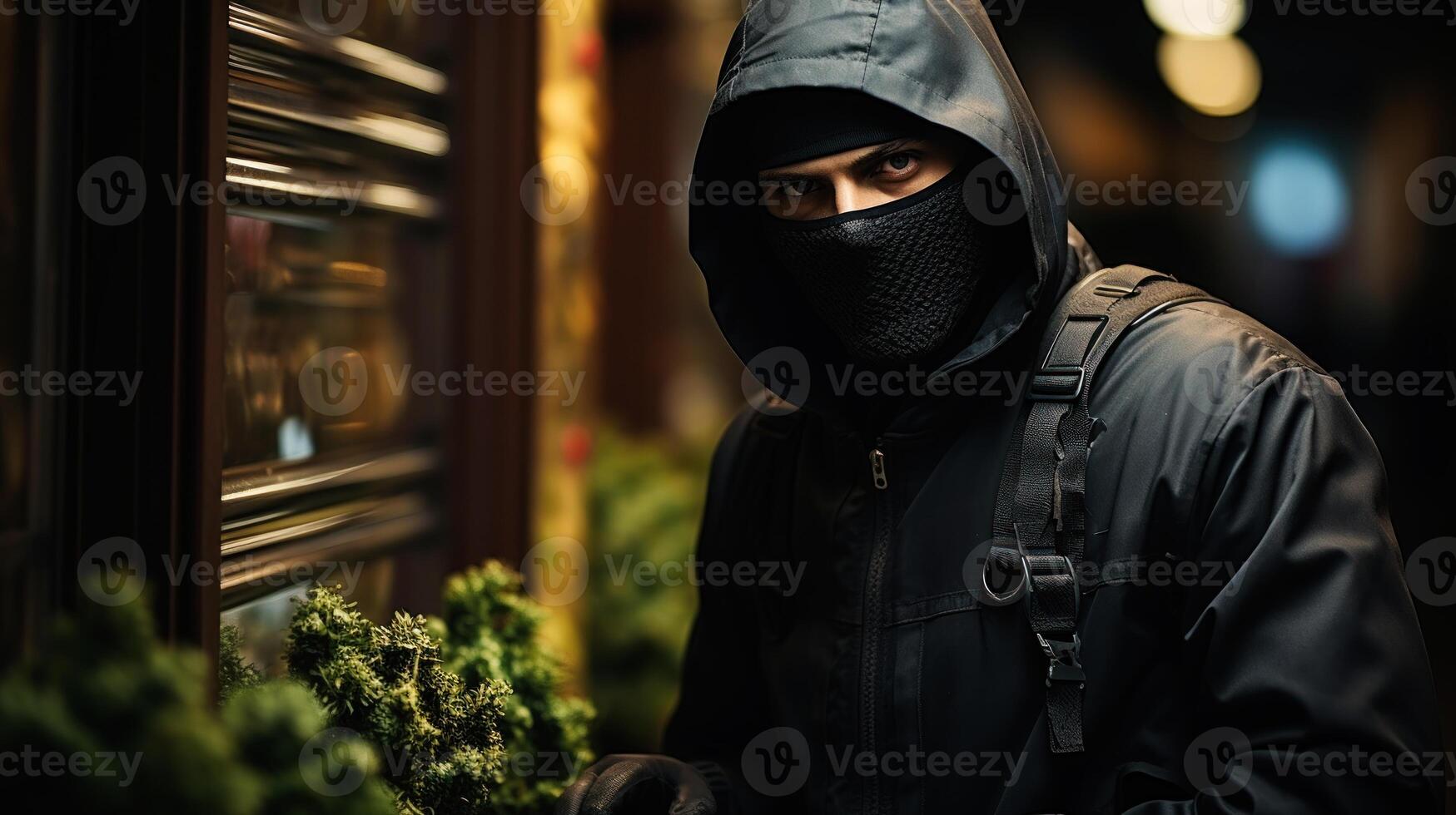 Burglar in a black mask entering a shop at night. . photo