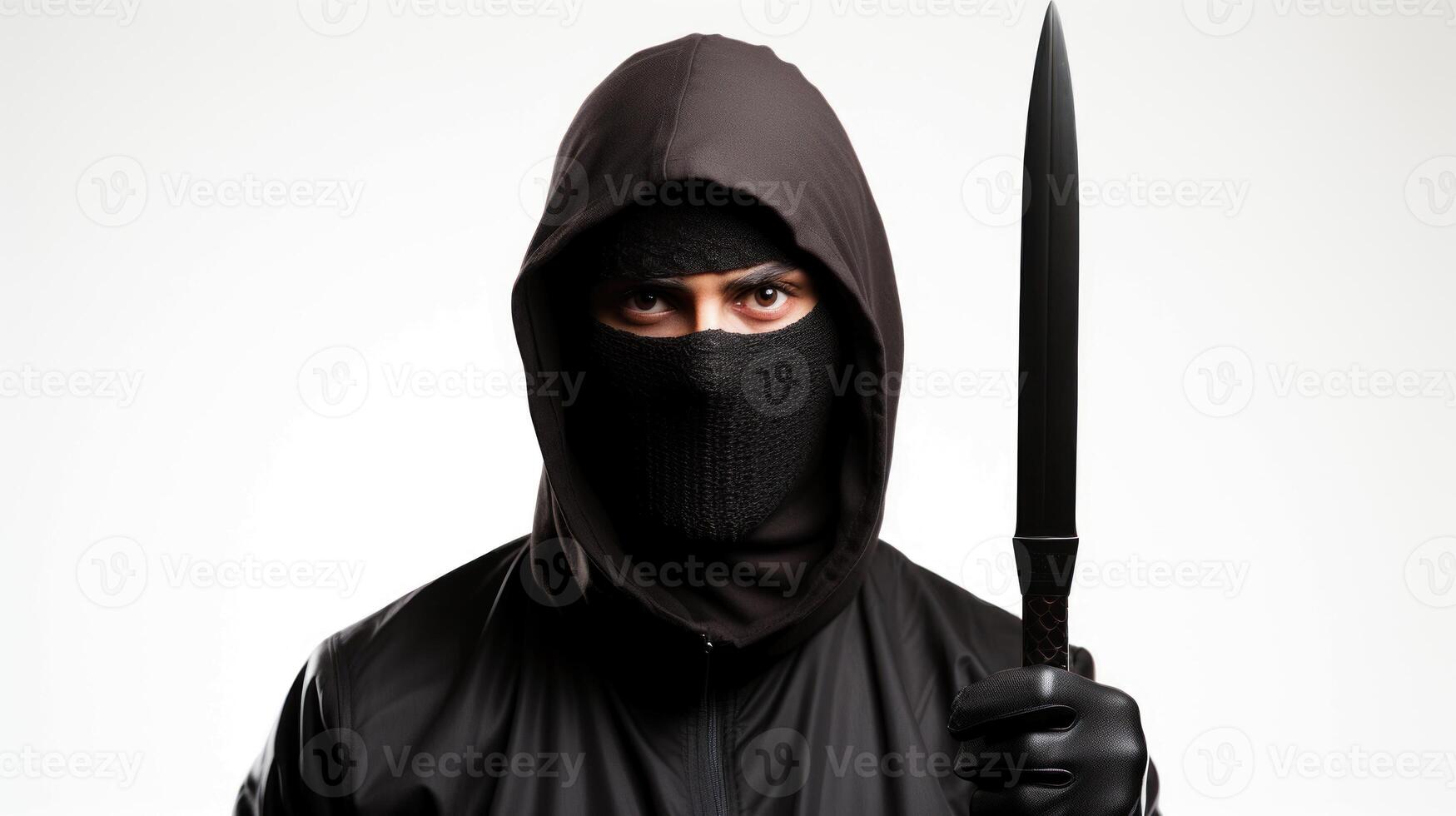 Masked criminal man with a knife in his hands on a white background. Generative AI. photo