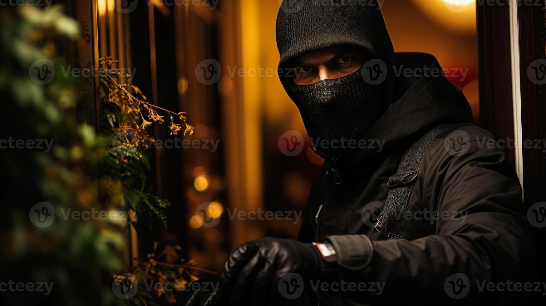 Portrait of a burglar wearing balaclava and looking at camera. Generative AI. photo