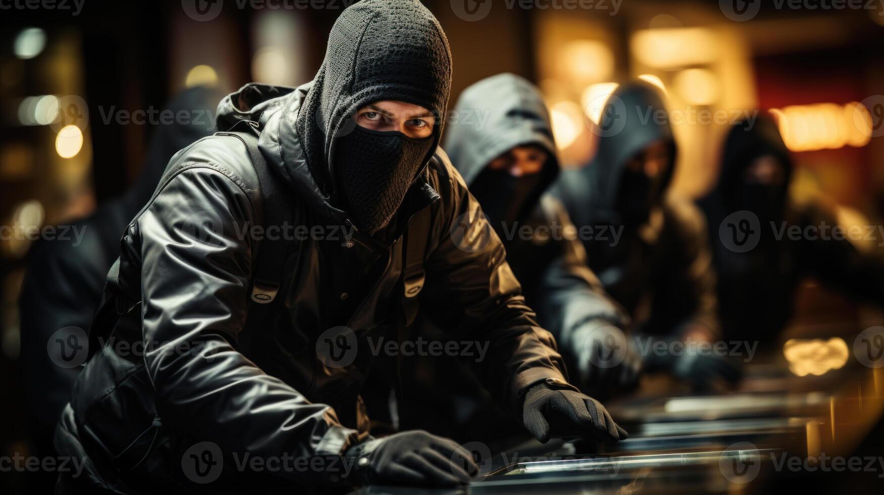 Groupo of men in a masks robbing a bank. . photo