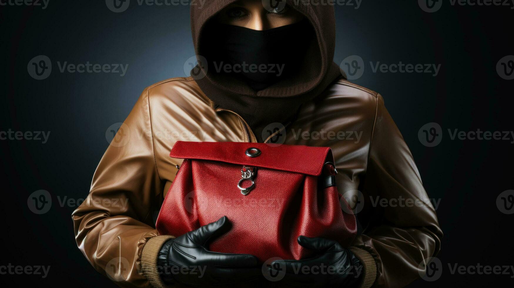 retrato de un ladrón mujer participación un rojo bolso en un oscuro antecedentes. generativo ai. foto