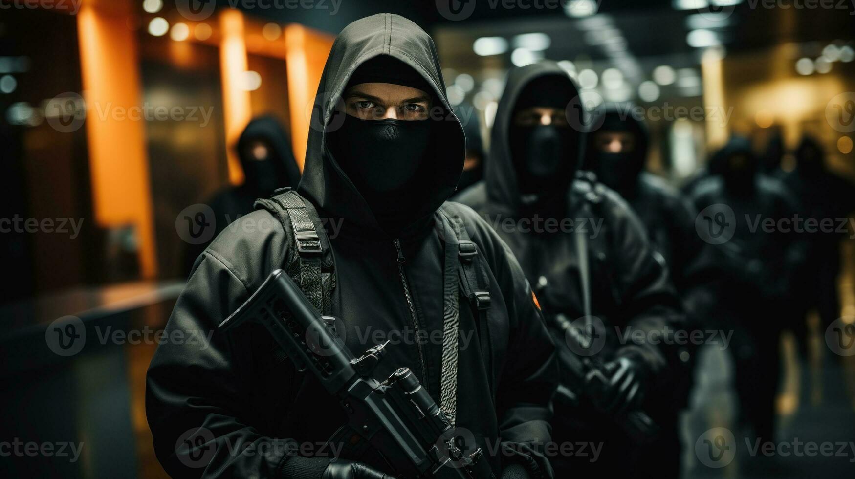 grupo de enmascarado ladrón con asalto rifle banco robo. generativo ai. foto