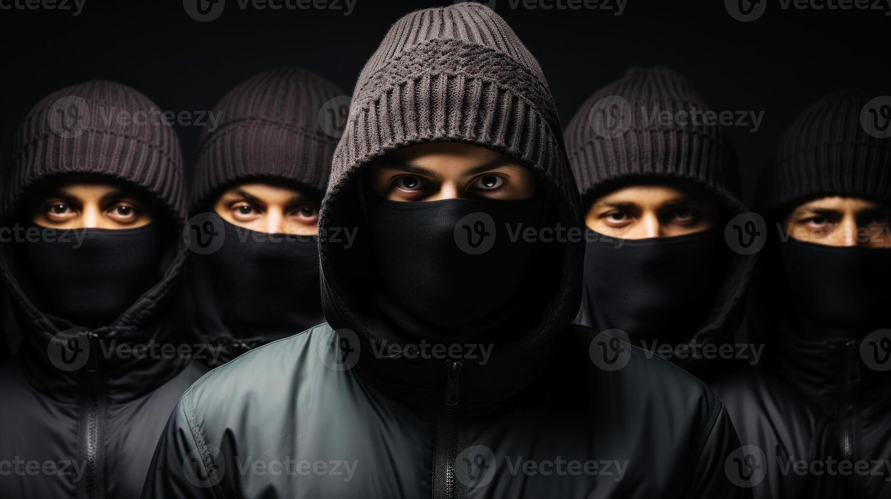 Group of masked men in black masks looking at camera over dark background. Generative AI. photo