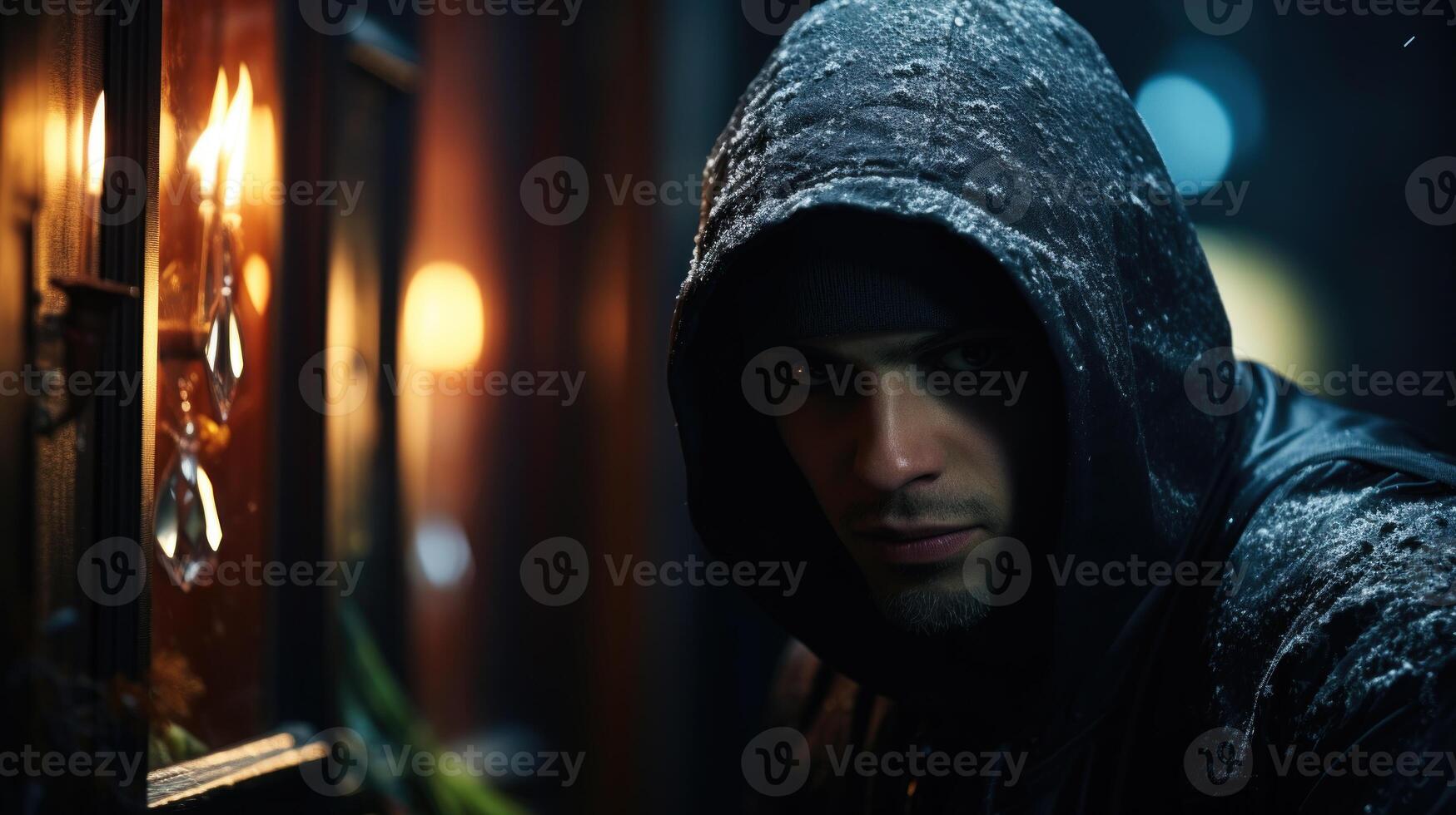 Portrait of a robber man in a hood on the street at night. . photo