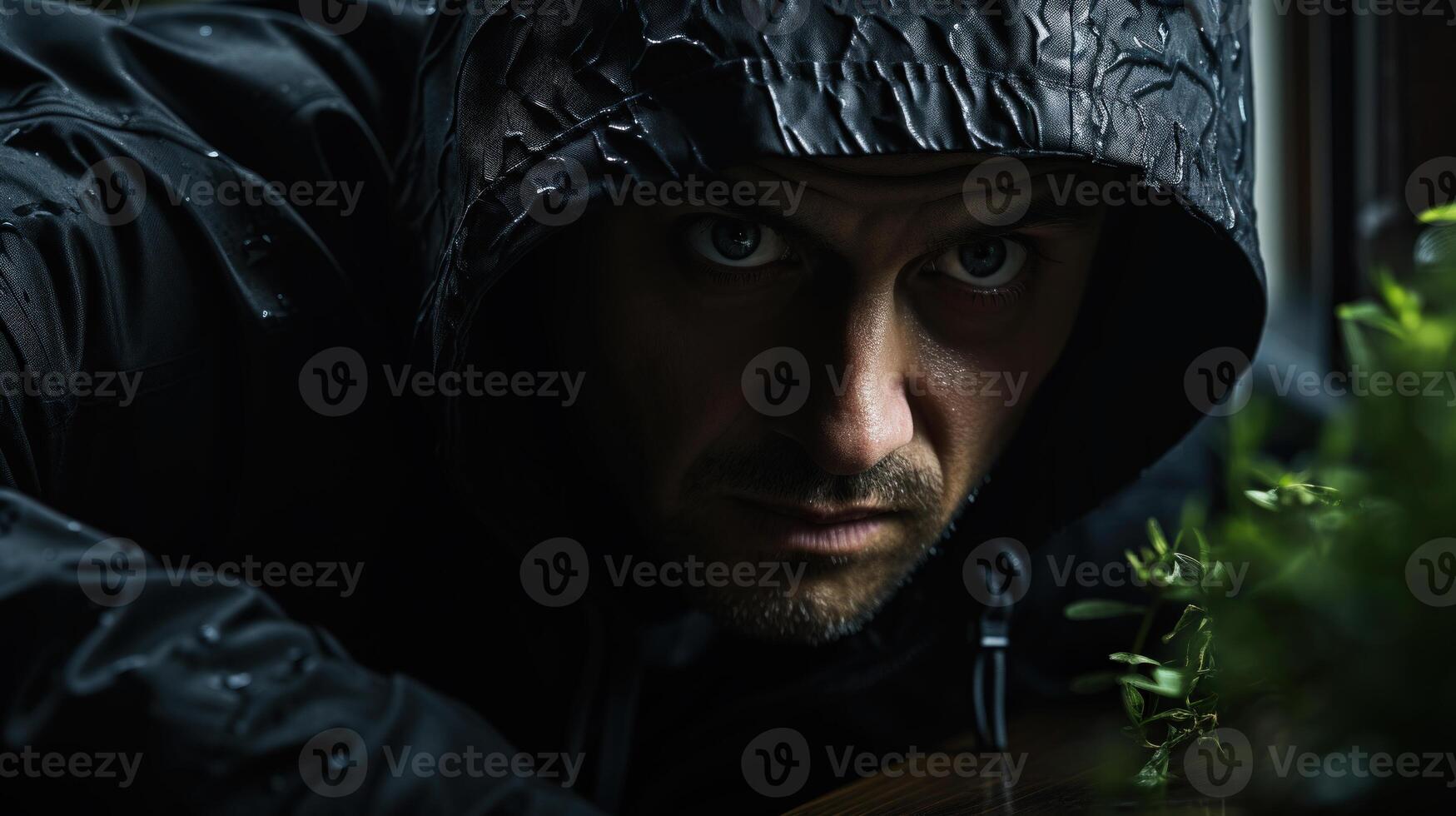 Portrait of a burglar man in a black raincoat with a hood creeps to the house on the ground. . photo