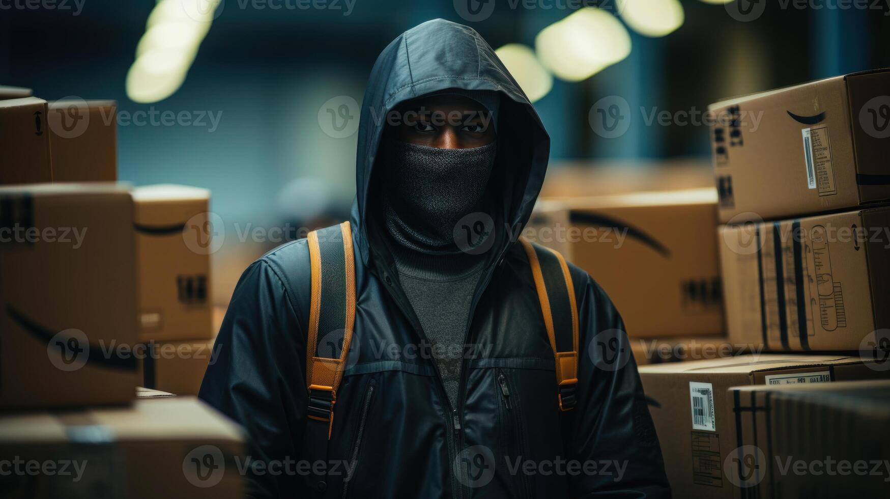 retrato de un ladrón hombre vistiendo un máscara en un depósito. generativo ai. foto