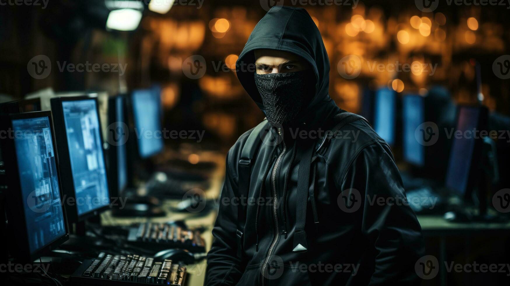 Portrait of a computer hacker in a black mask on a dark background. Generative AI. photo