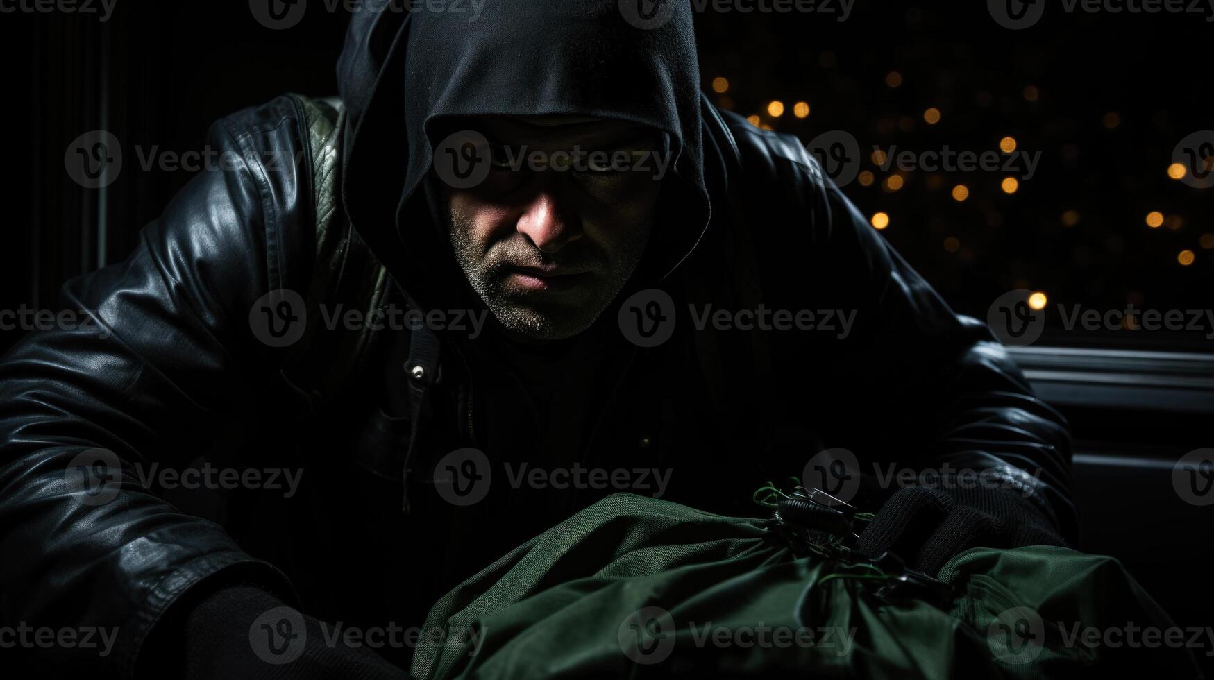 Hooded thief man sitting on a window sill with a bag of stolen valuables. . photo