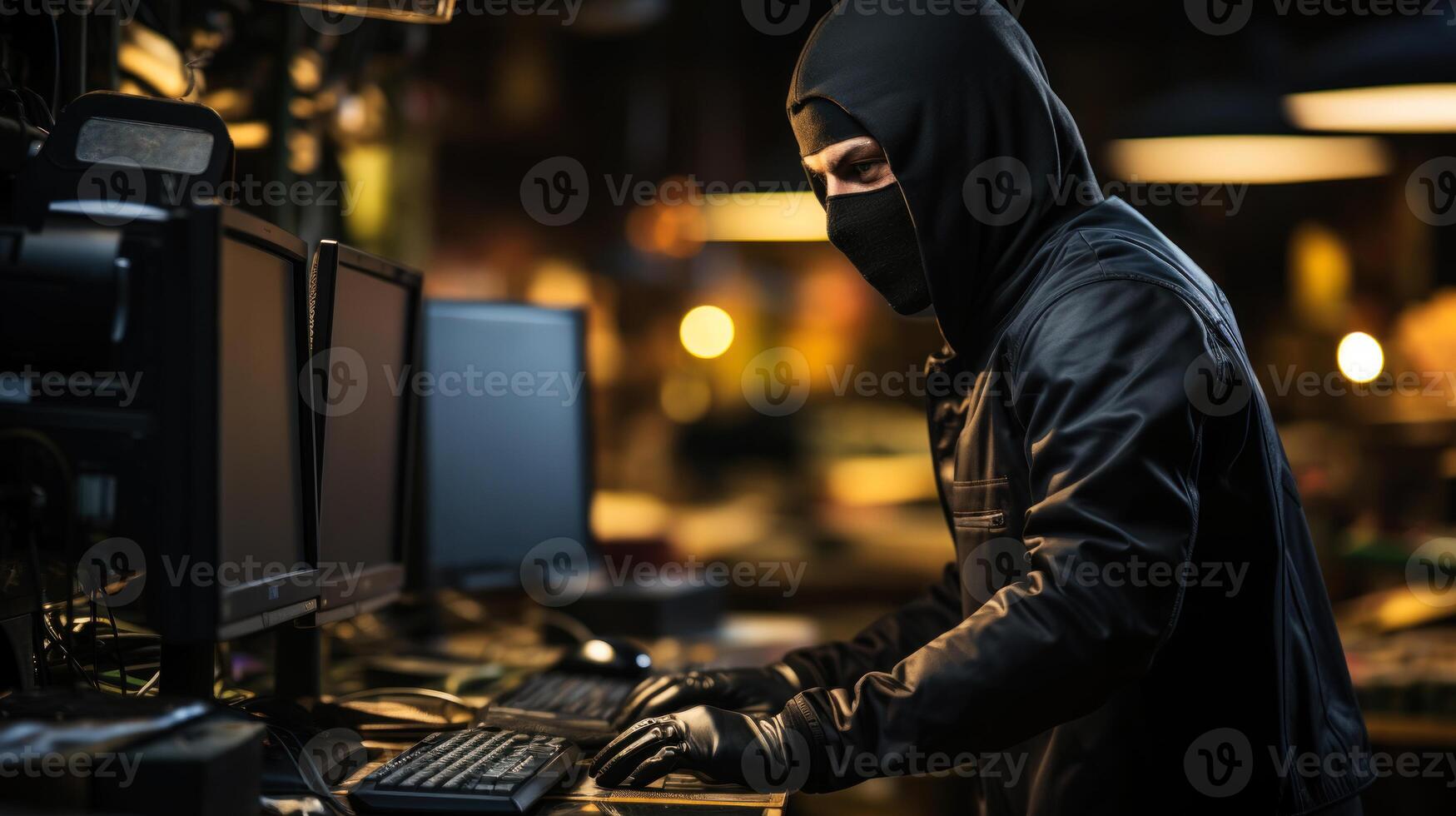 Hooded hacker stealing data from a computer in a dark room. . photo