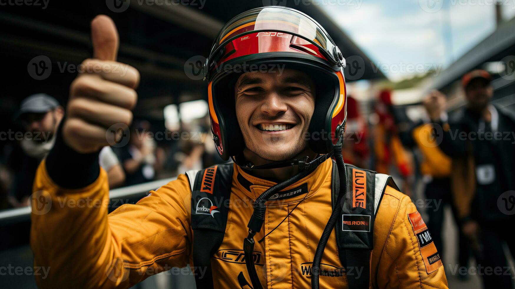 Man driver in helmet show thumb up oone Formula One Grand Prix. Generative AI. photo