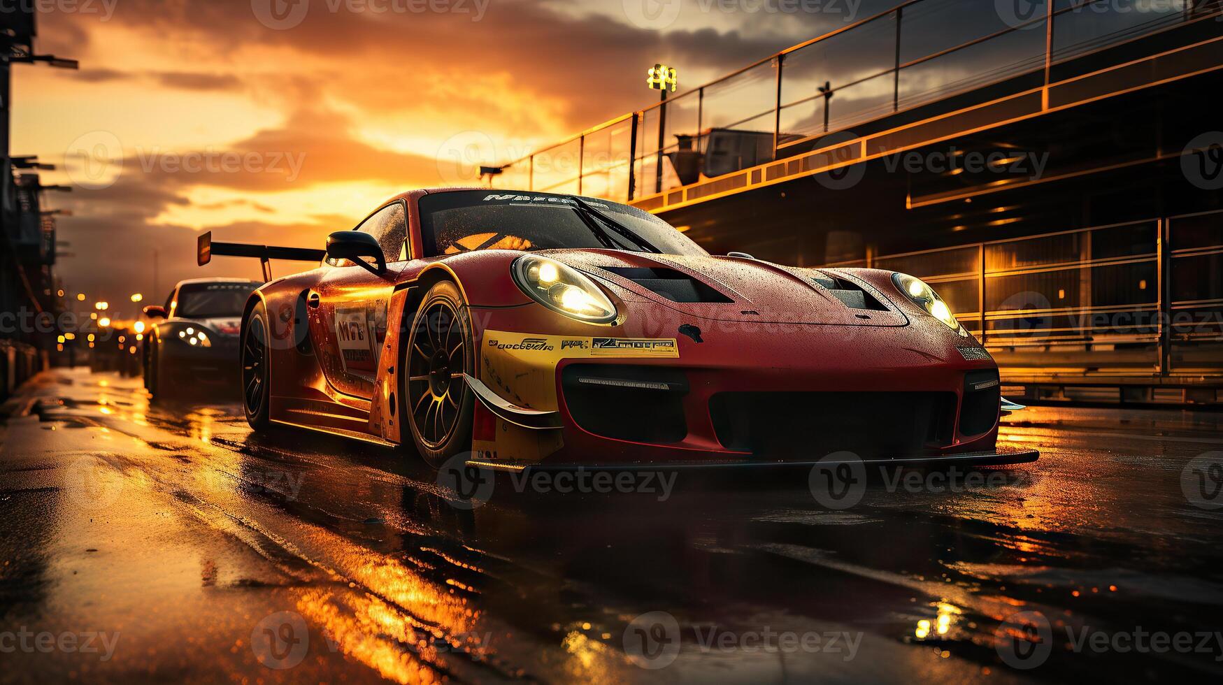 Sport car on the road track during sunset. . photo