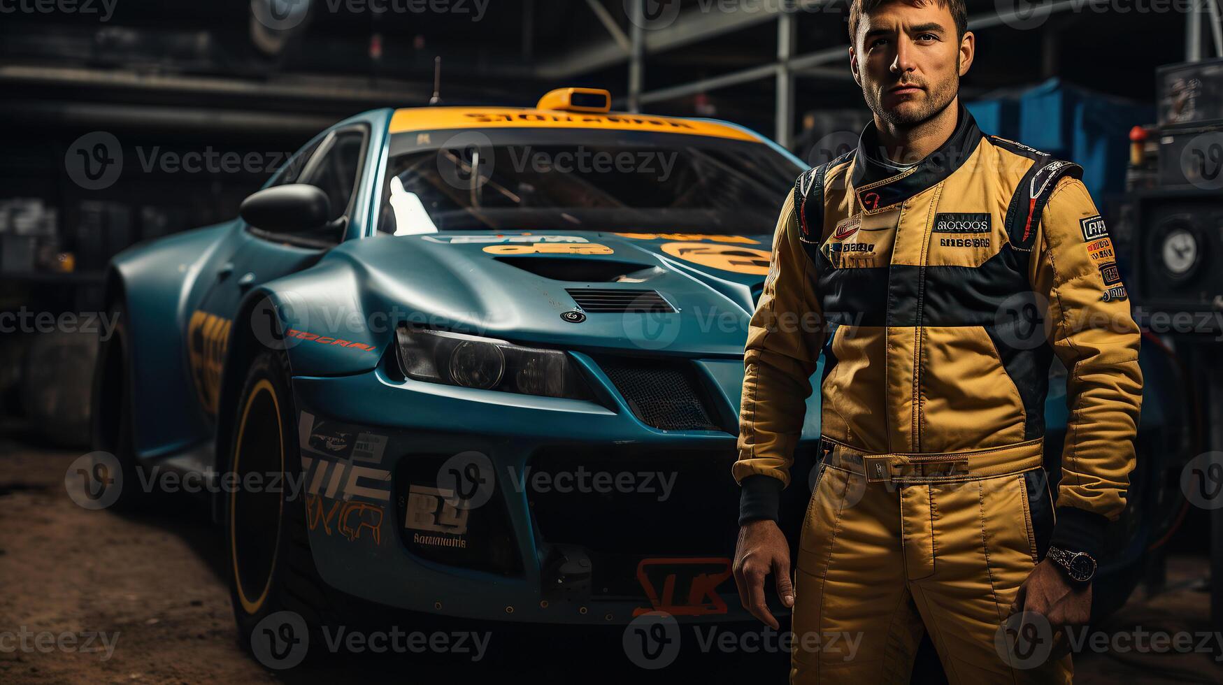 Portrait of a handsome young man in sportswear standing in front of a his car in garage. . photo