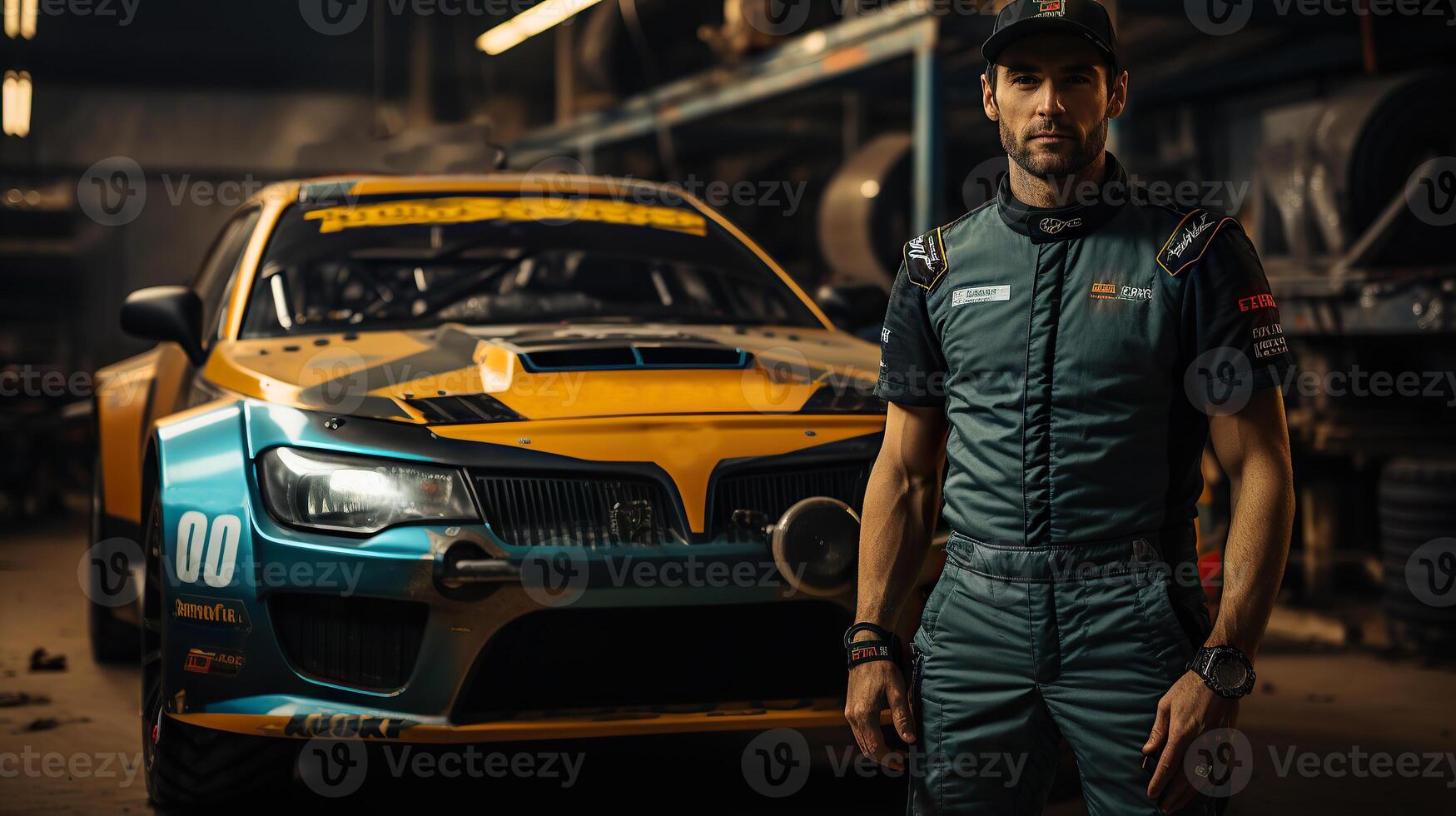 Man race rally driver behind of his racing car. . photo