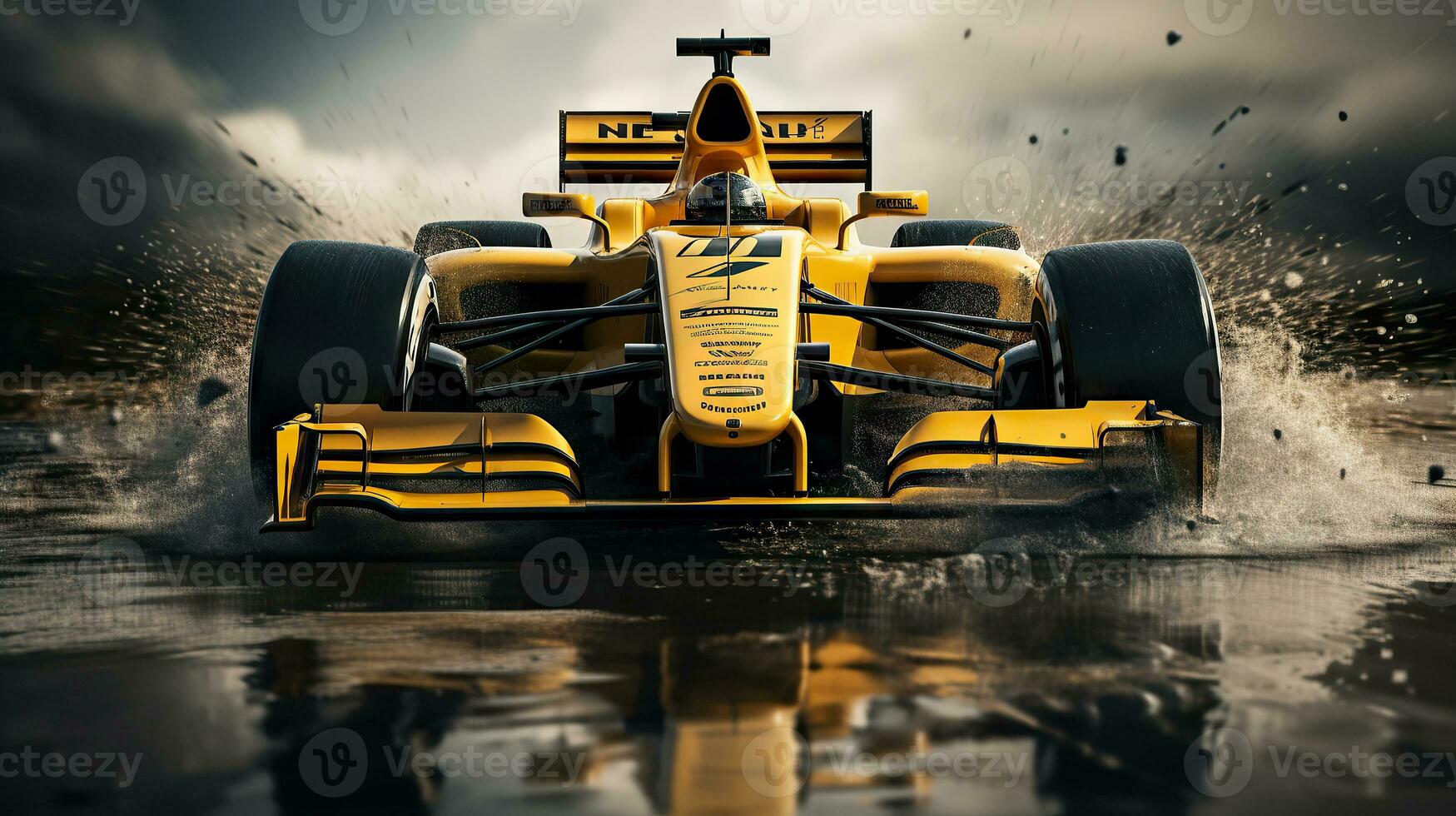 Yellow formula 1 race car racing on the water. Generative AI. photo
