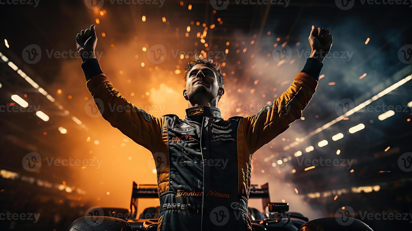 Formula one race car driver celebrating the win in a race against bright stadium lights. Generative AI. photo