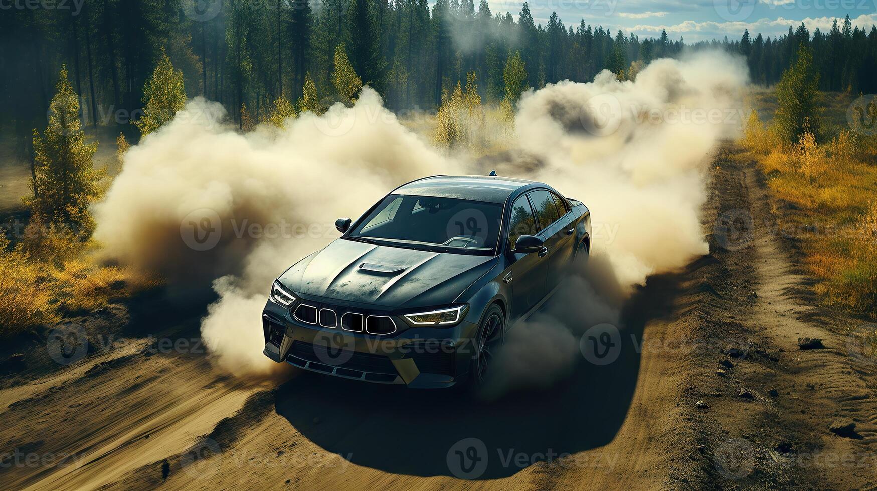 Offroad car in the forest road with dusk. . photo