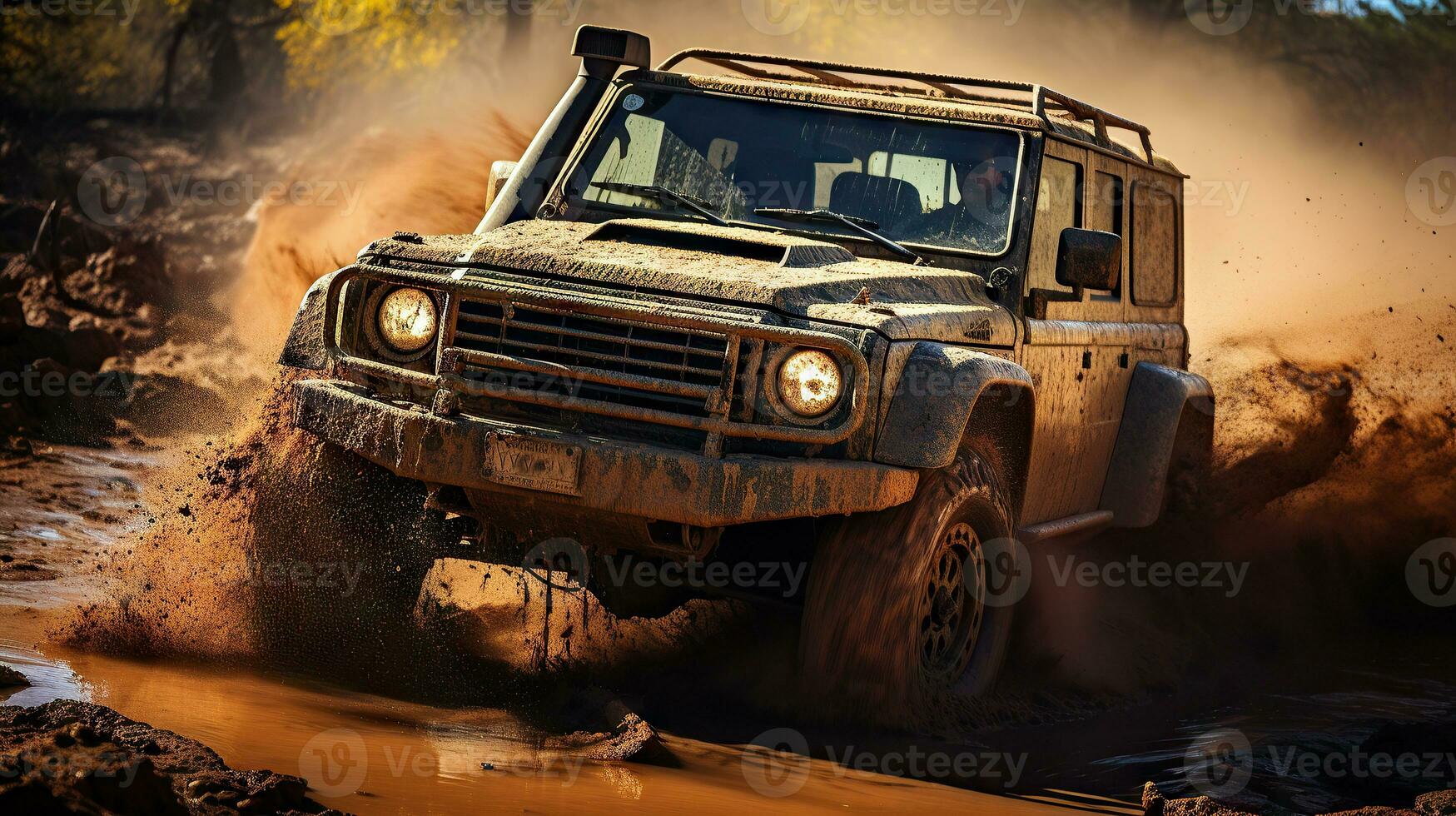 Racing off-road 4x4 vehicle in difficult terrain. Generative AI. photo