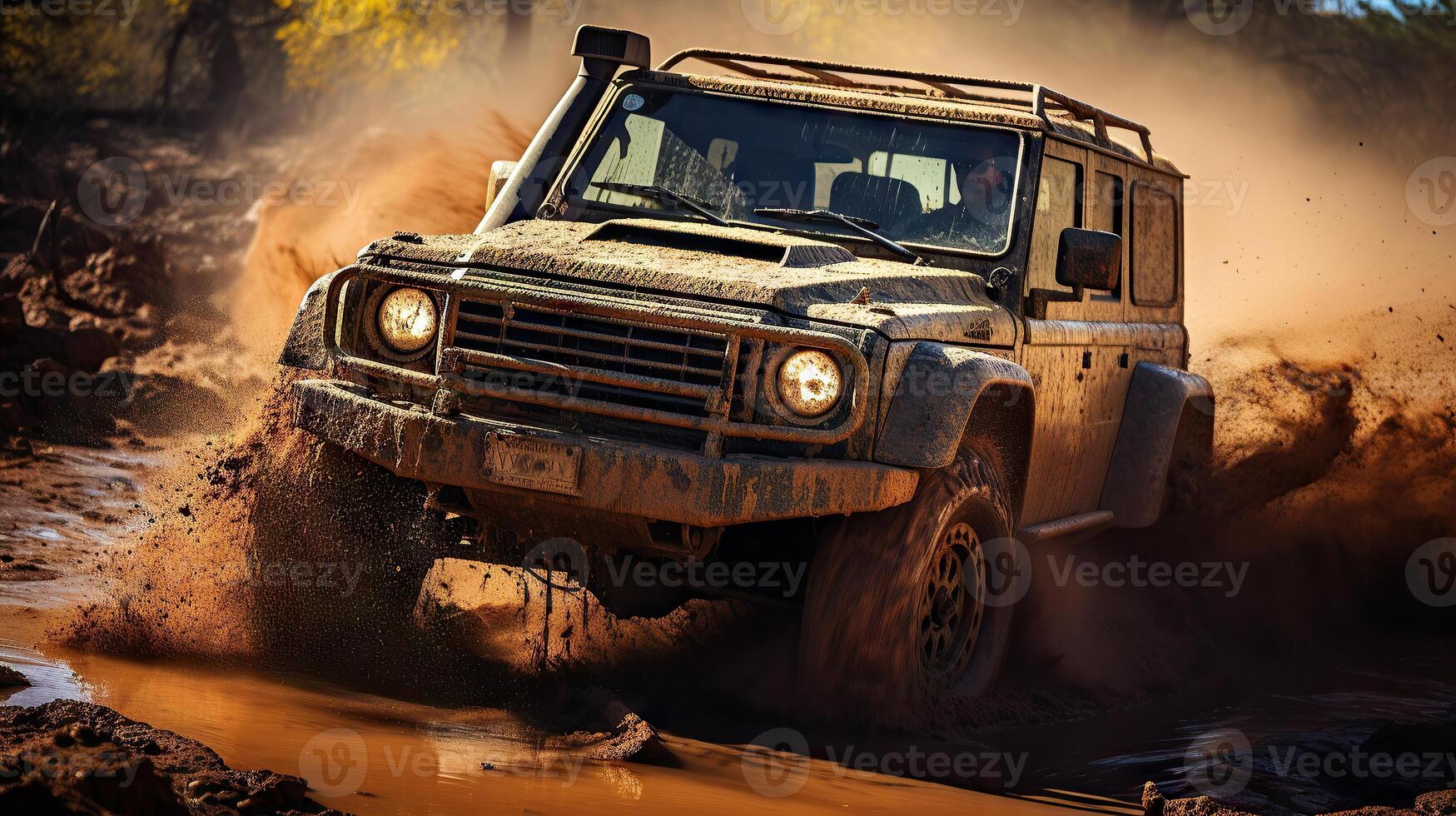 Racing off-road 4x4 vehicle in difficult terrain. Generative AI. photo