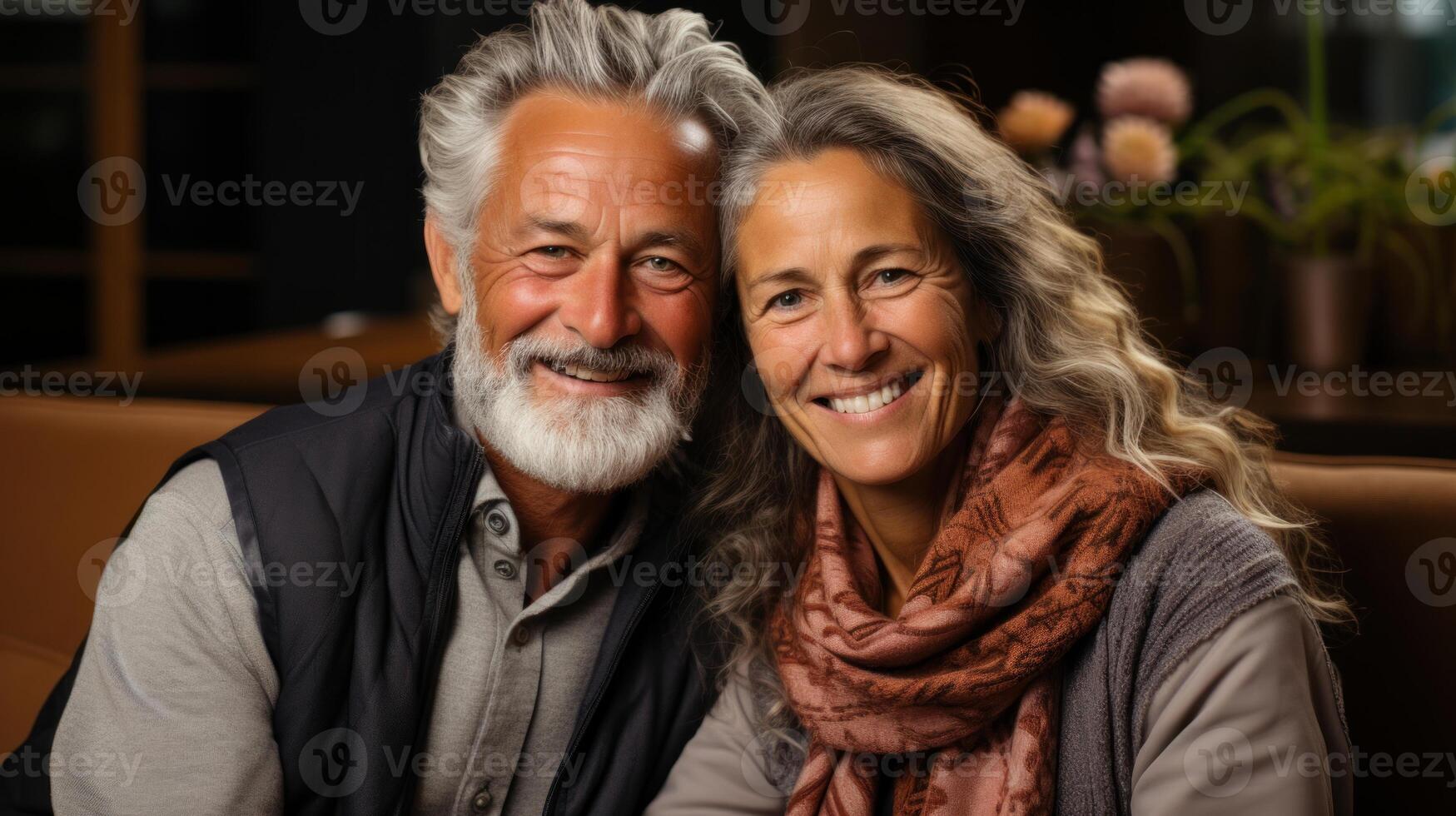 Portrait of happy senior couple looking at camera in the living room. . photo