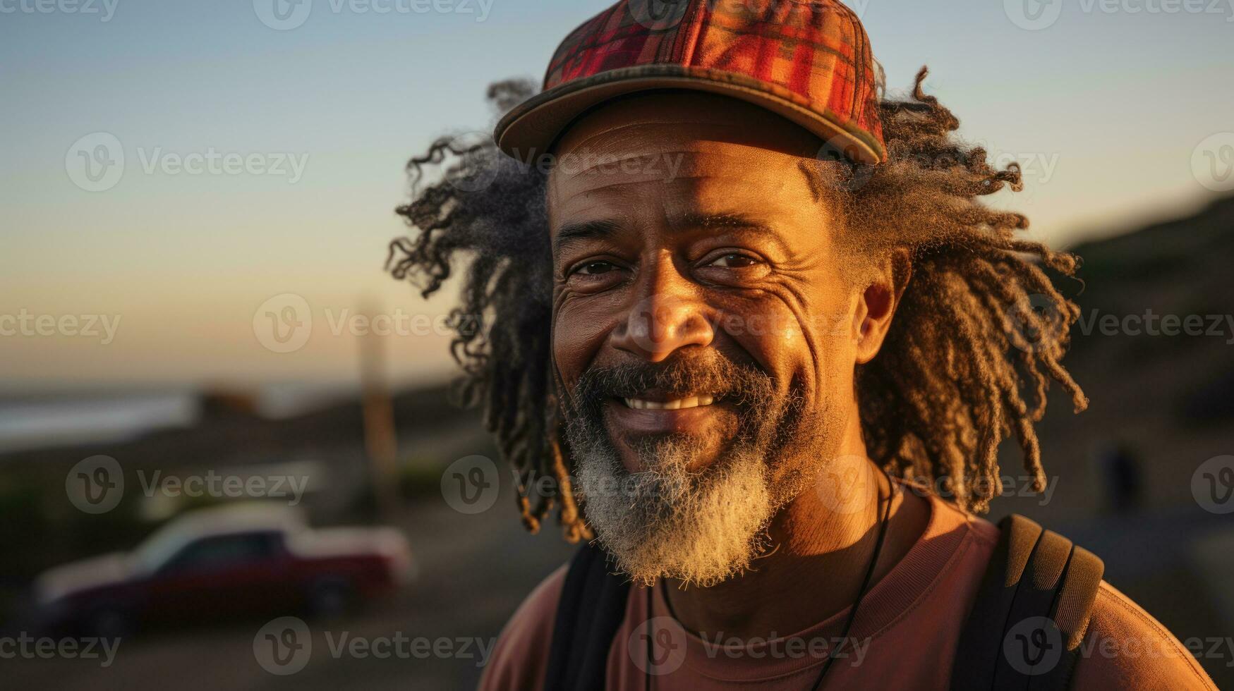 retrato de sonriente maduro africano americano hombre con rastas al aire libre. generativo ai. foto