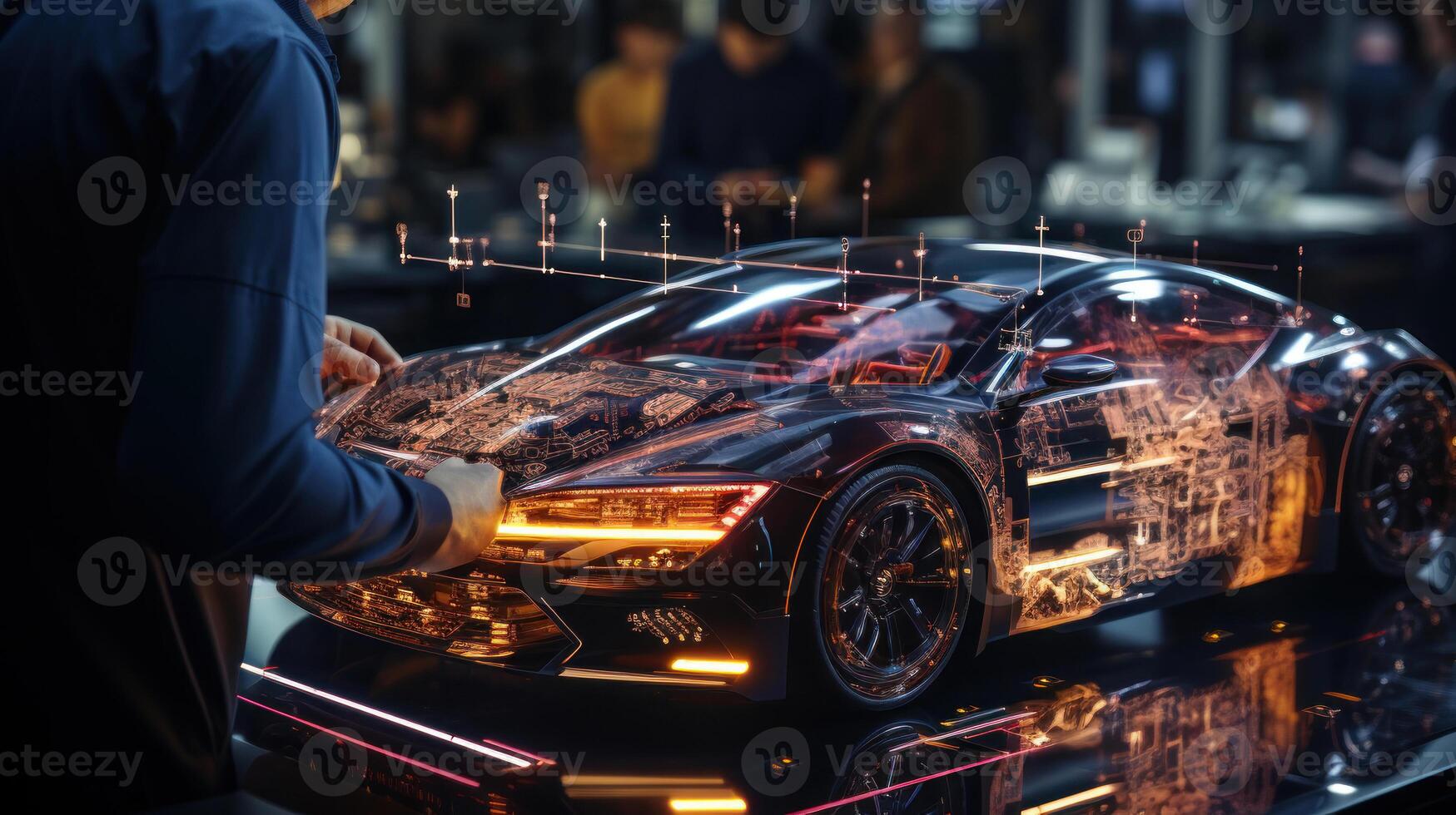 Side view of a man's proect virtuality a modern sports car on a dark background. . photo