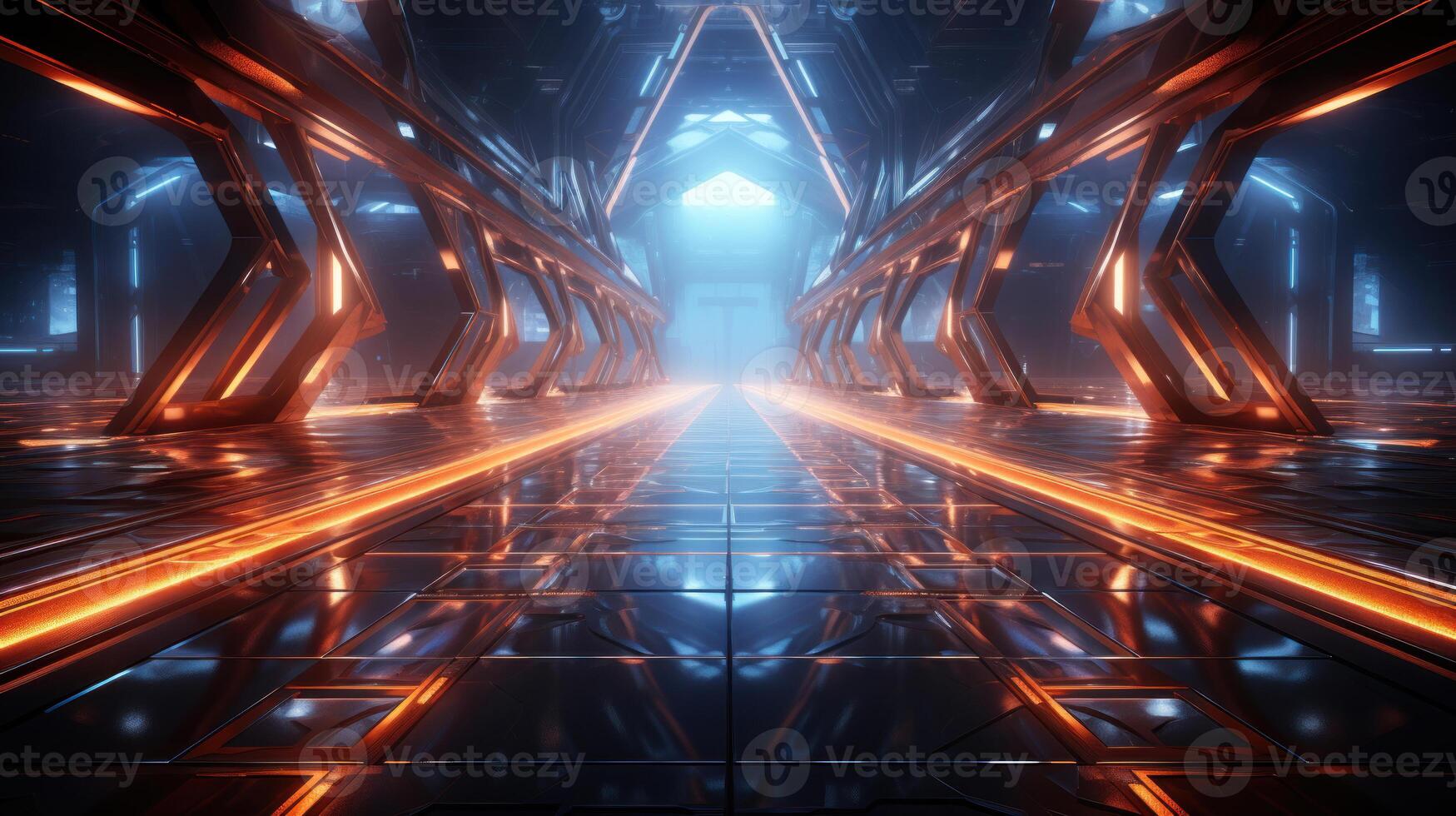 Futuristic scifi tunnel corridor with glowing lights wallpaper background. . photo